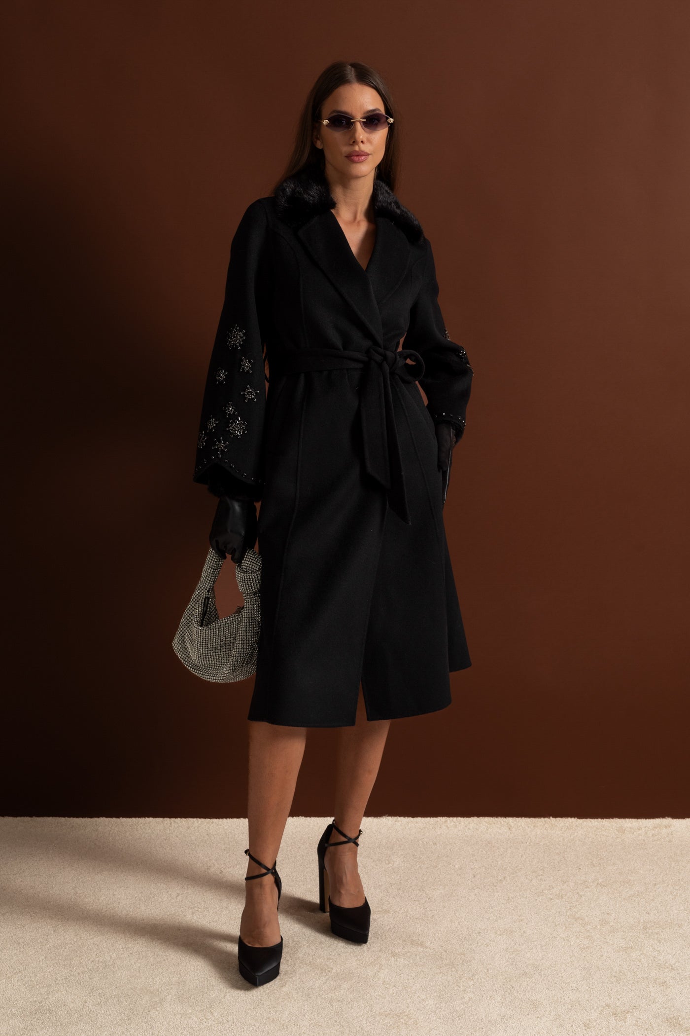 Embellished Wool Overcoat With Fox Fur Collar – Black