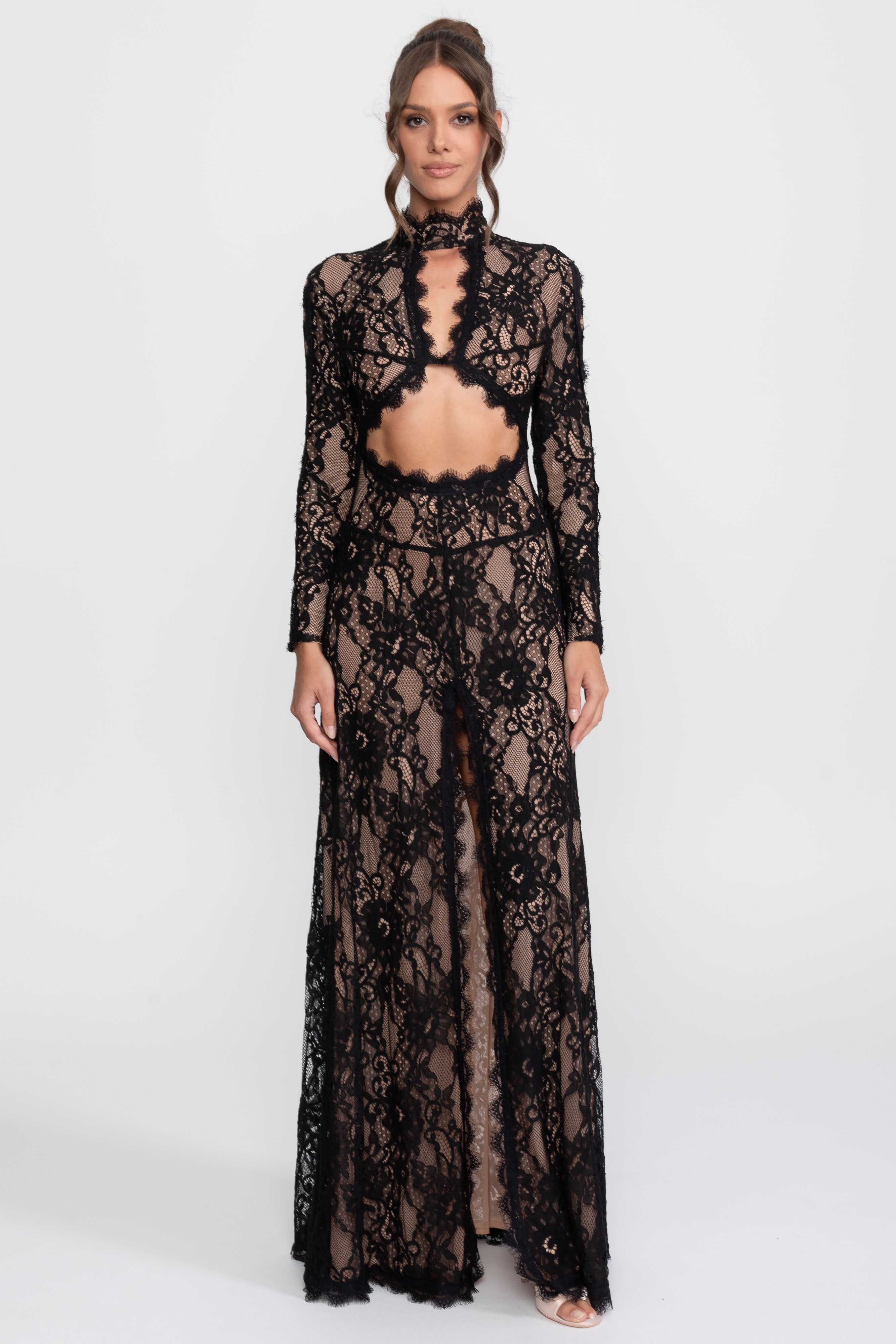 Elegant Lace Gown With High Neck, Front Cutout And Slit - Black