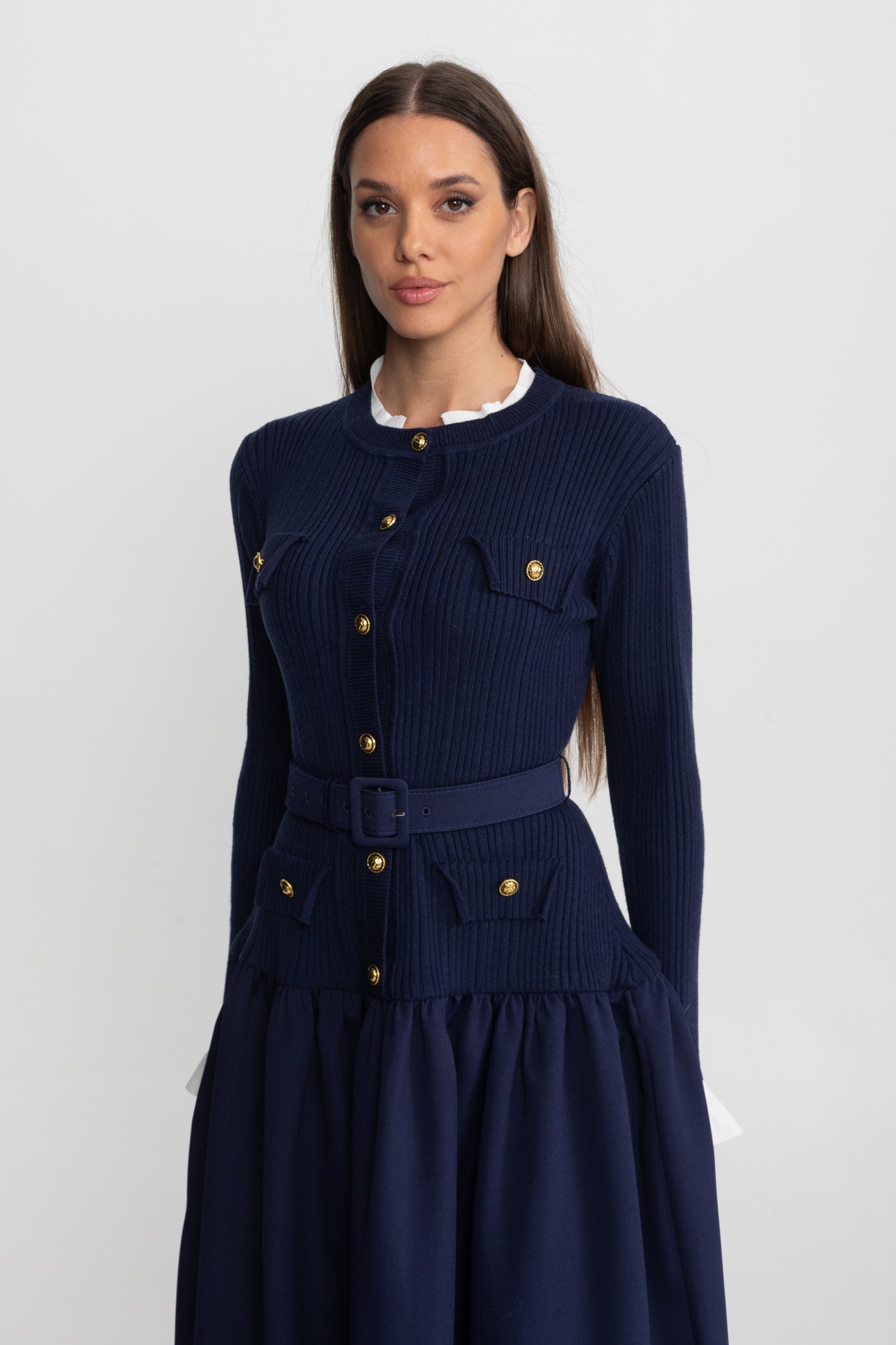 Ribbed Knit Midi Dress with Pleated Skirt and Belted Waist – Navy