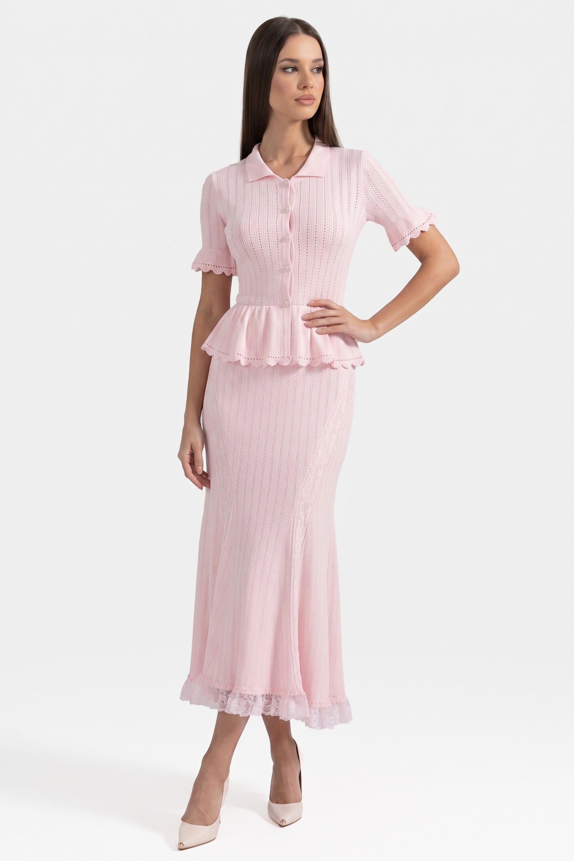 فستان ماكسي محبوك بتصميم Peplum وياقة Peter-Pan وحافة دانتيل - Pink