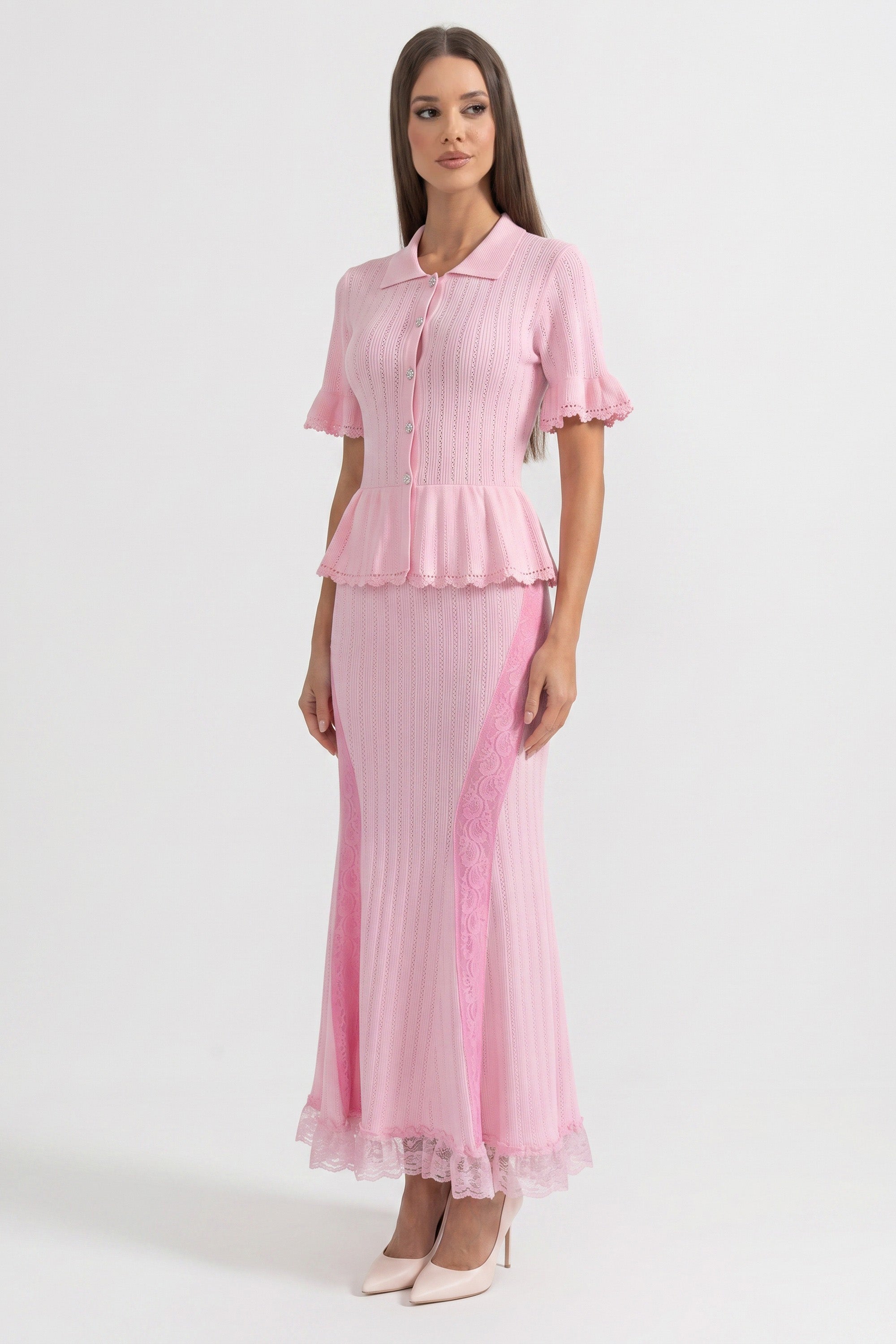 فستان ماكسي محبوك بتصميم Peplum وياقة Peter-Pan وحافة دانتيل - Pink