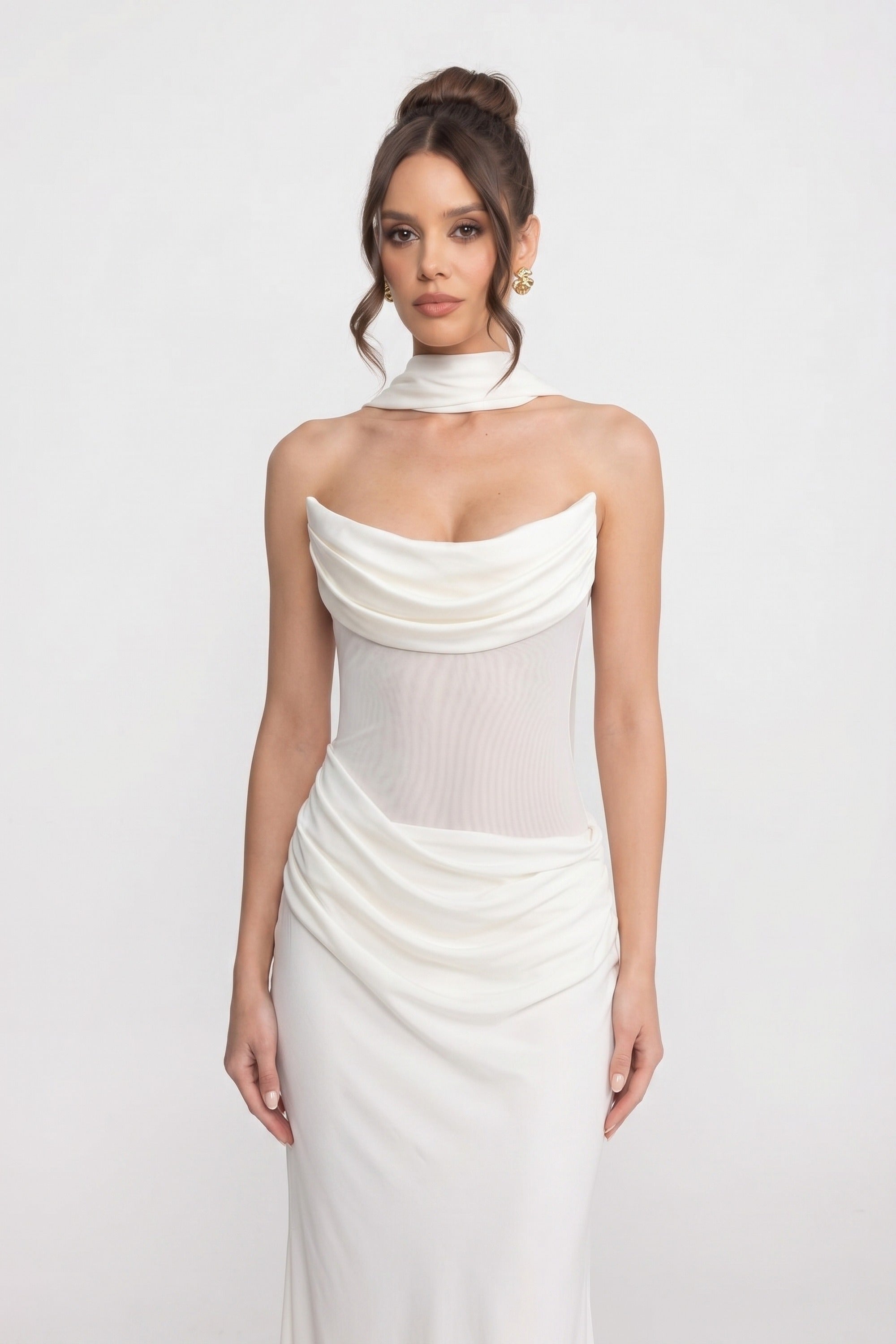 Strapless Draped Maxi Gown With Cowl Neckline And Sheer Scarf - White