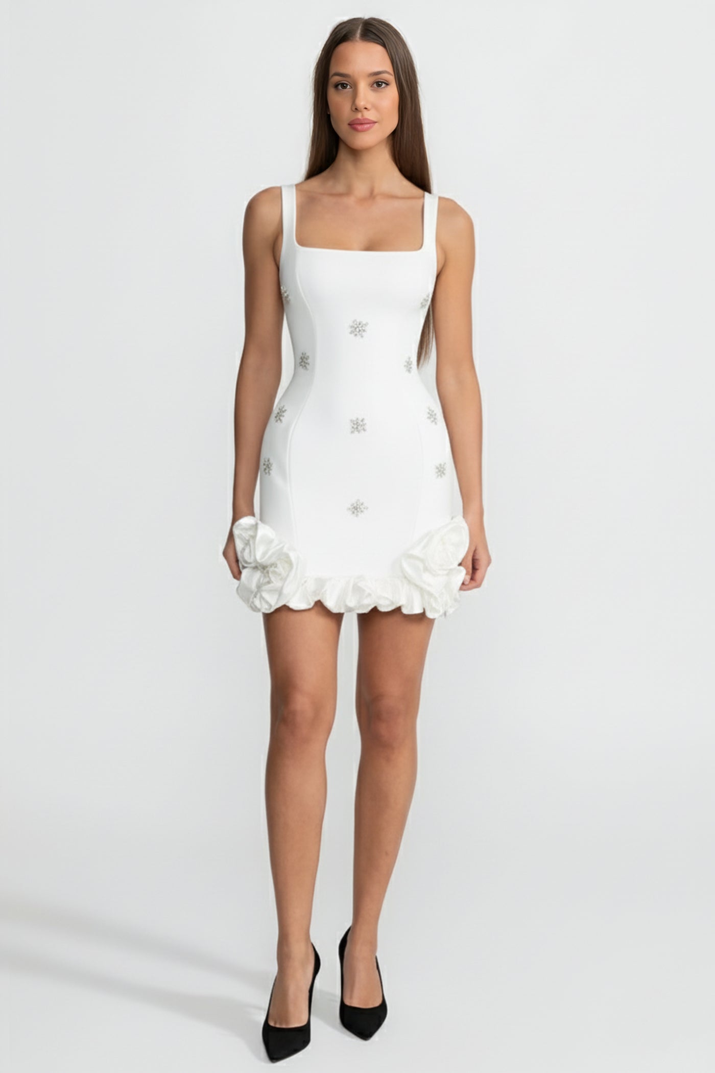 Embellished Bodycon Mini Dress With Crystal Flowers – White