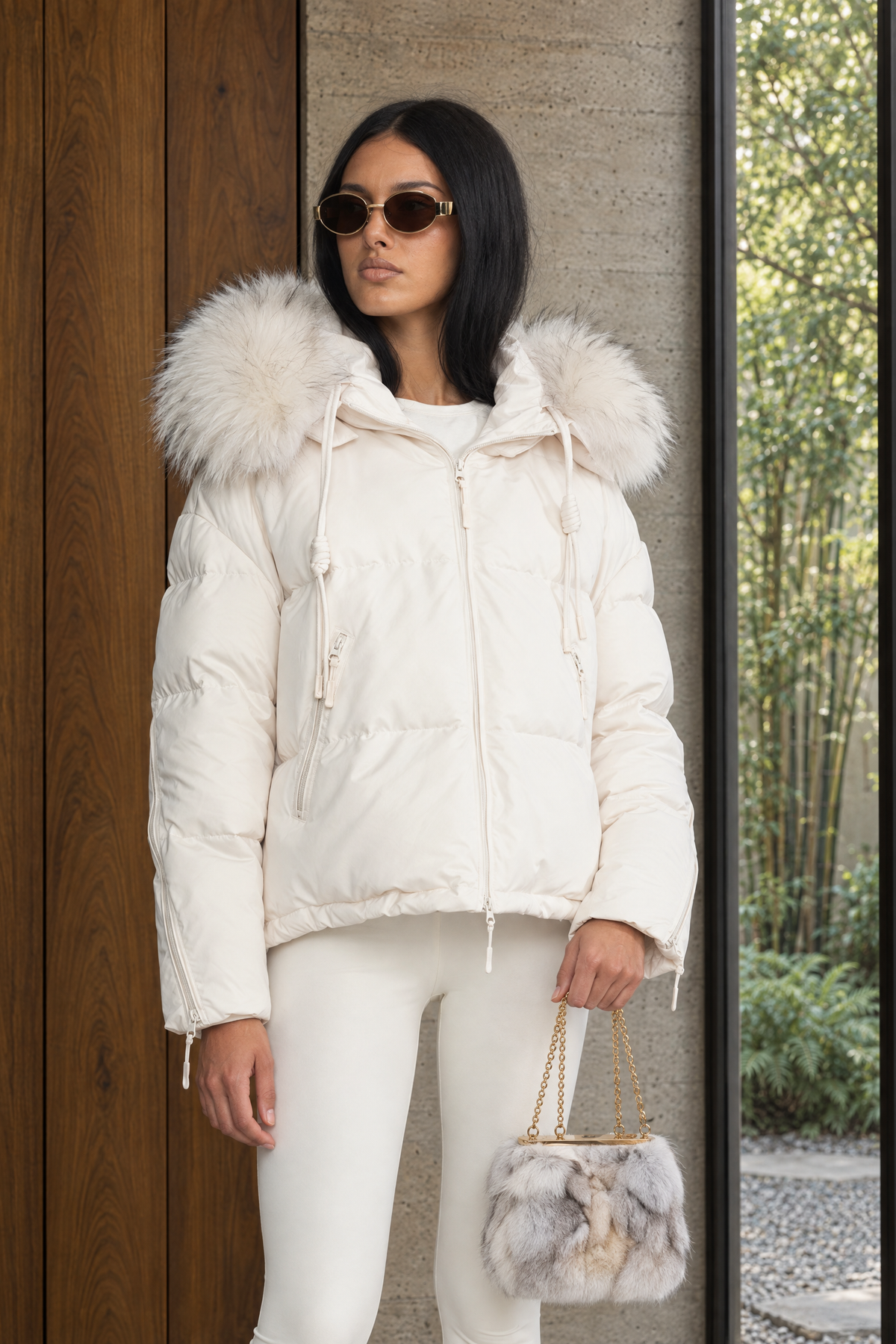 Raccoon Fur Hood Cropped Down Puffer Jacket - Ivoire