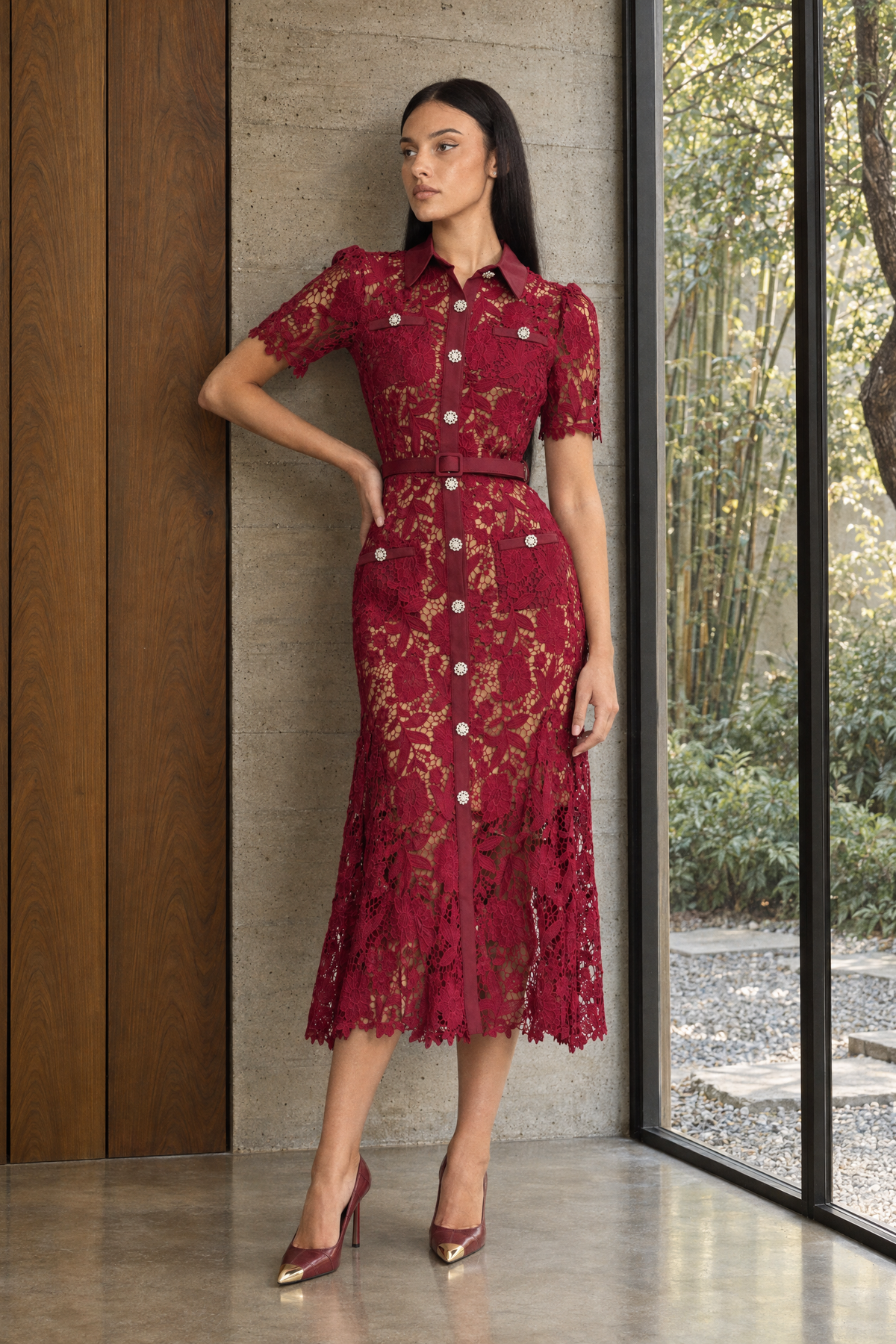 Guipure Lace Crystal Button Shirt Midi Dress - Wine