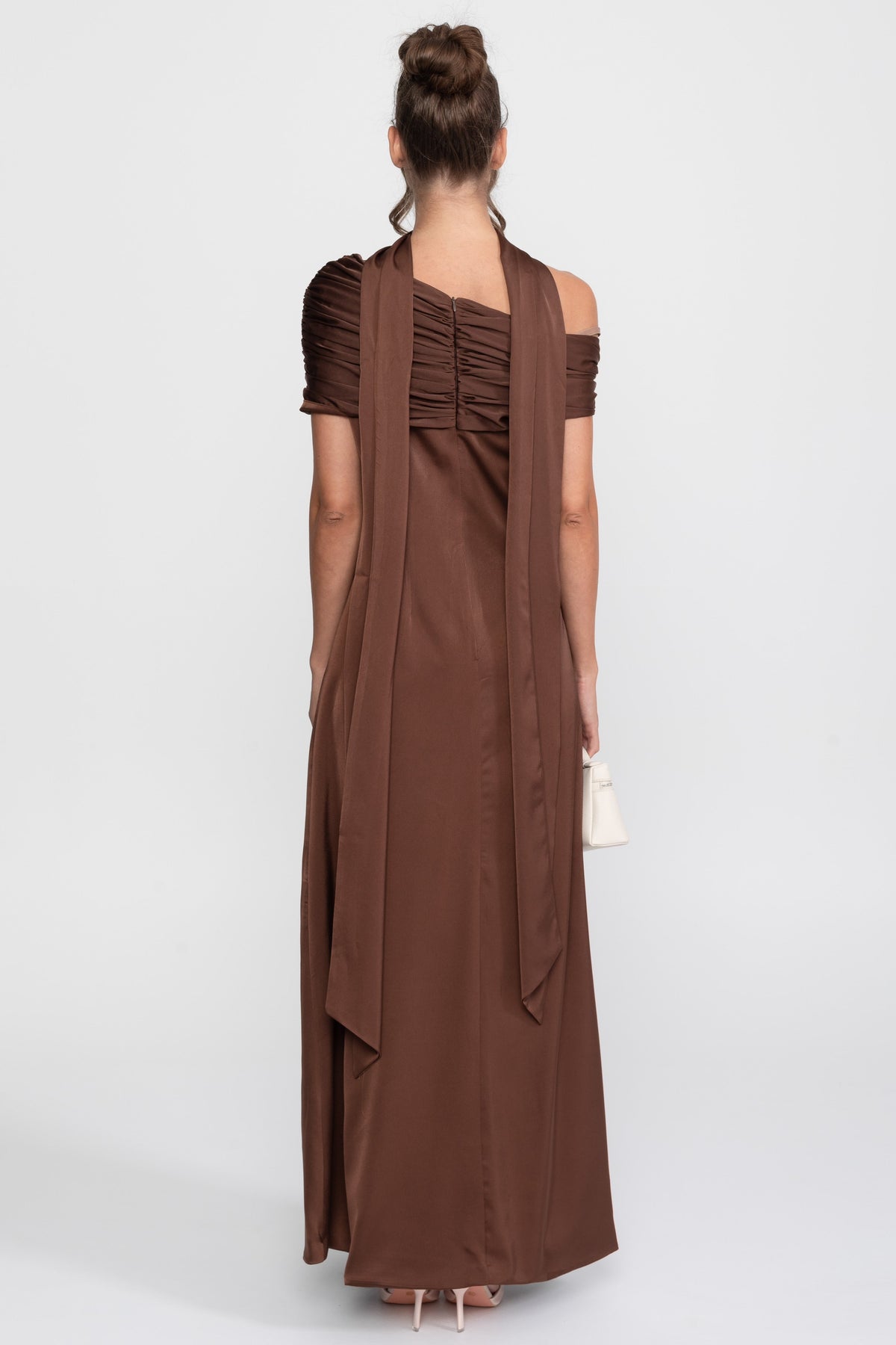 One-Shoulder Draped Satin Gown With Ruched Wrap - Brown