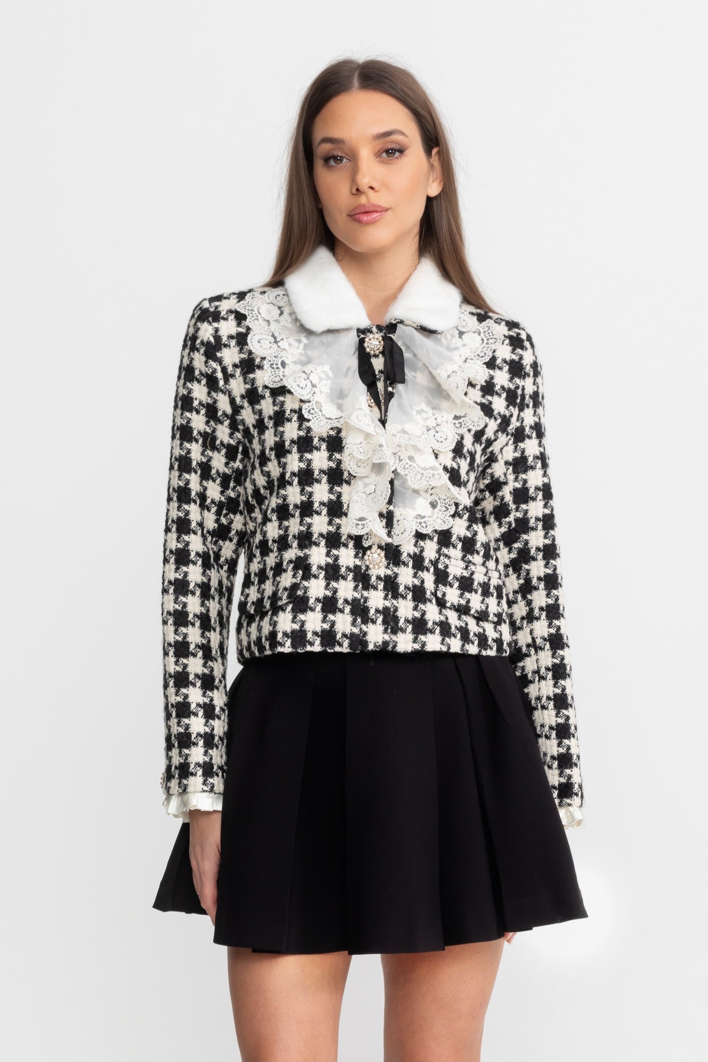 Tweed Cropped Jacket with Lace Ruffle and Mink Fur Collar – Black & White