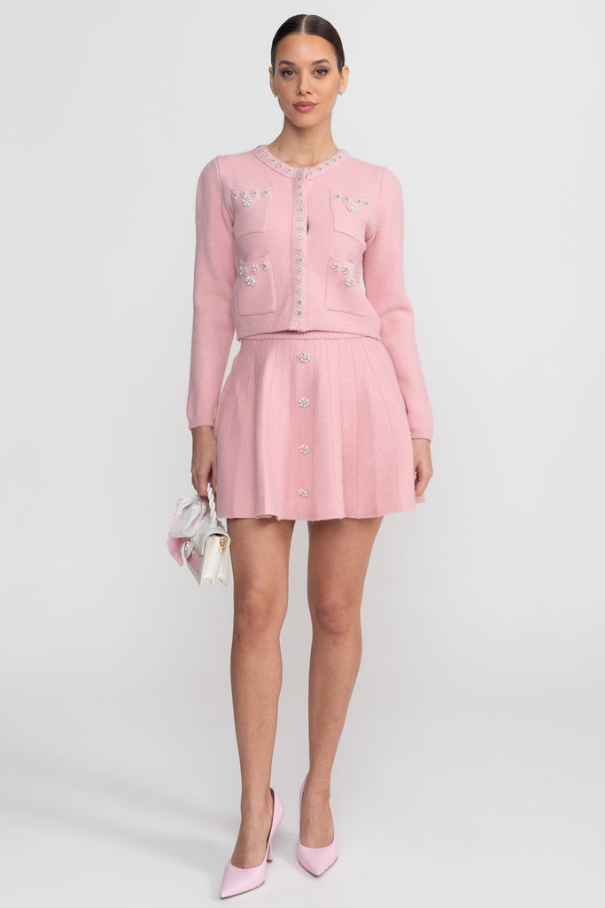 طقم منسوج متناسق مع كارديغان بأكمام طويلة وتنورة ميني مطابقة - Blush Pink 
