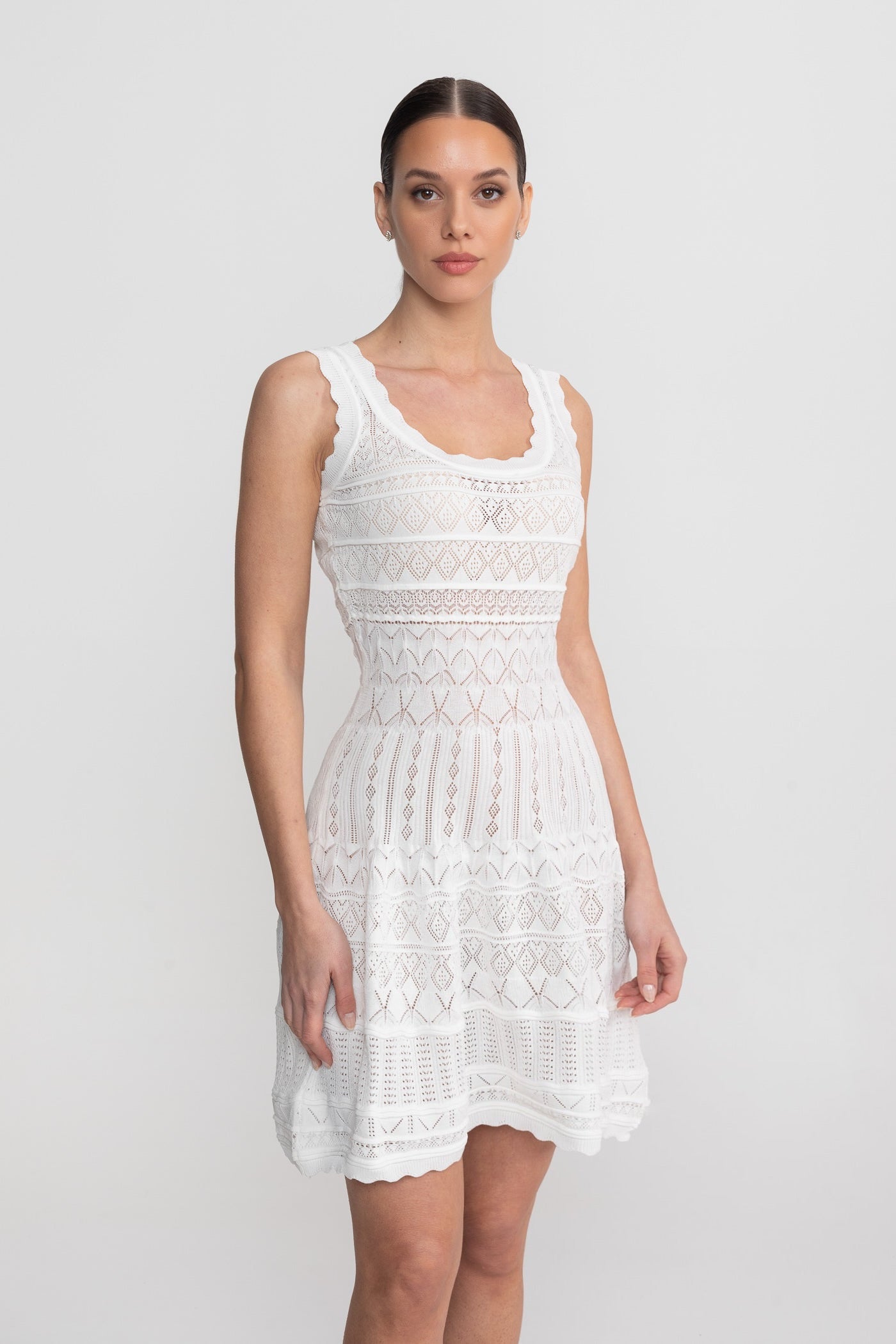 Sleeveless Mini Dress With Scalloped Lace Trim - White