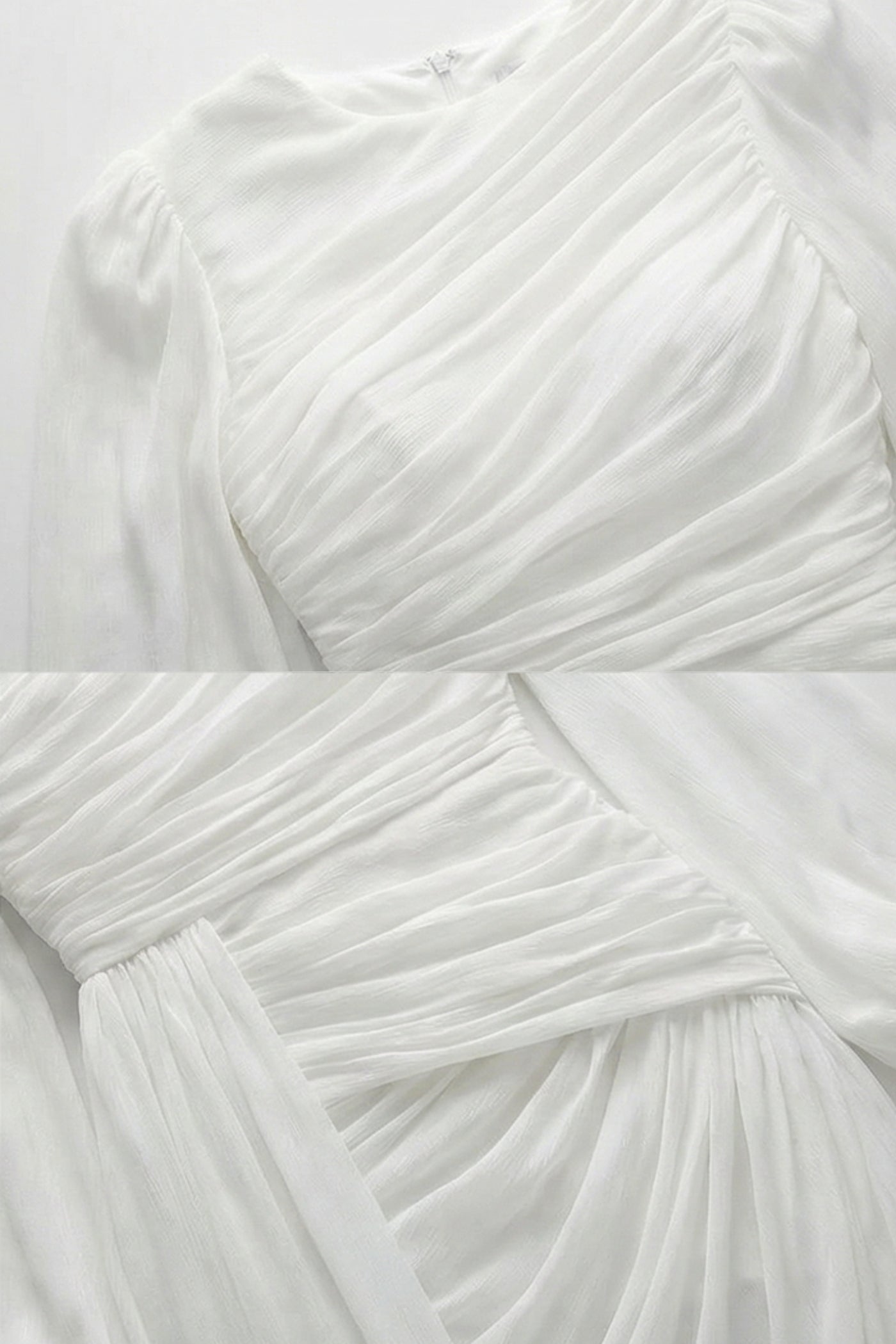 Draped Long-Sleeve Maxi Dress with Gathered Waist – White