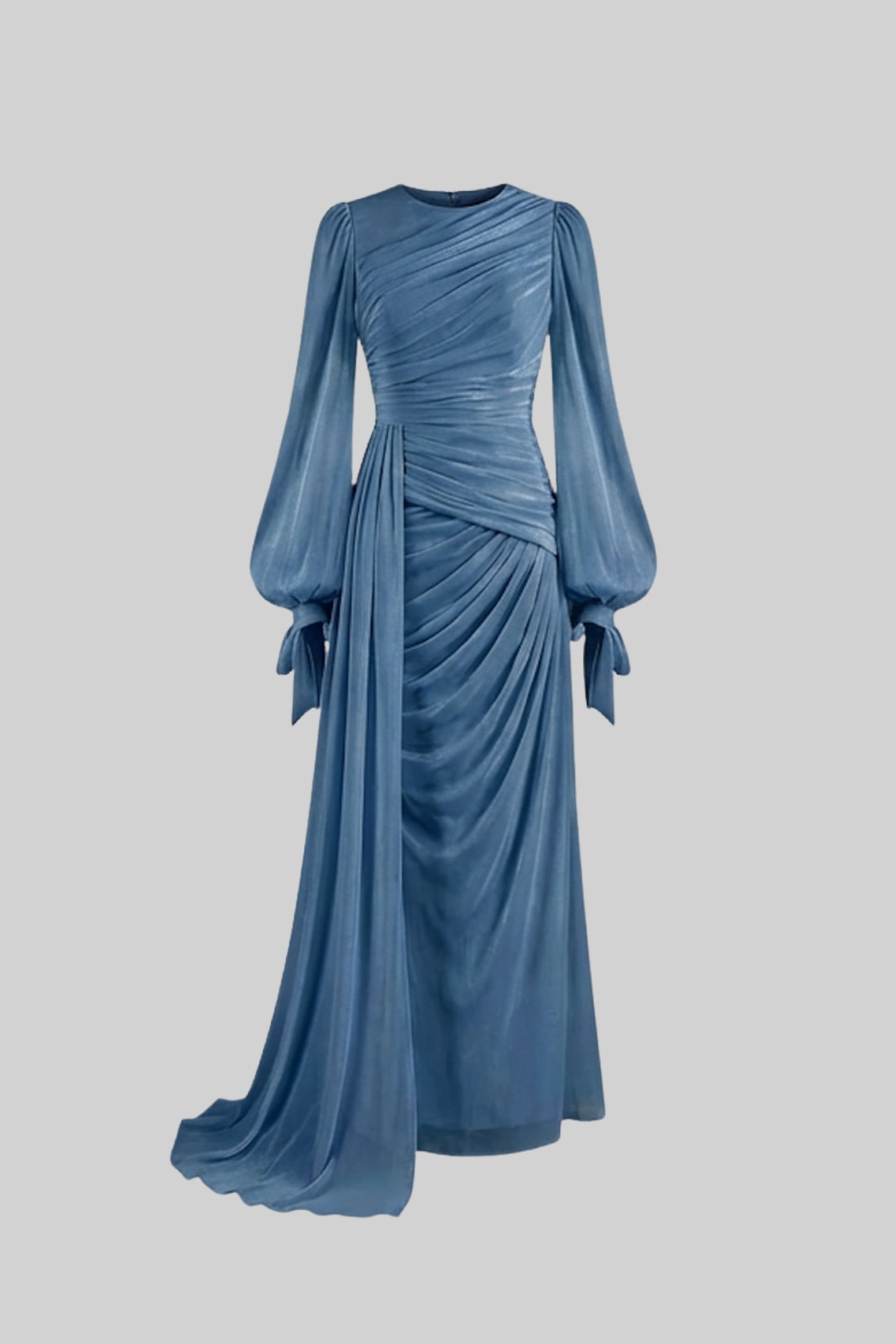 Draped Long-Sleeve Maxi Dress with Gathered Waist – Light Blue