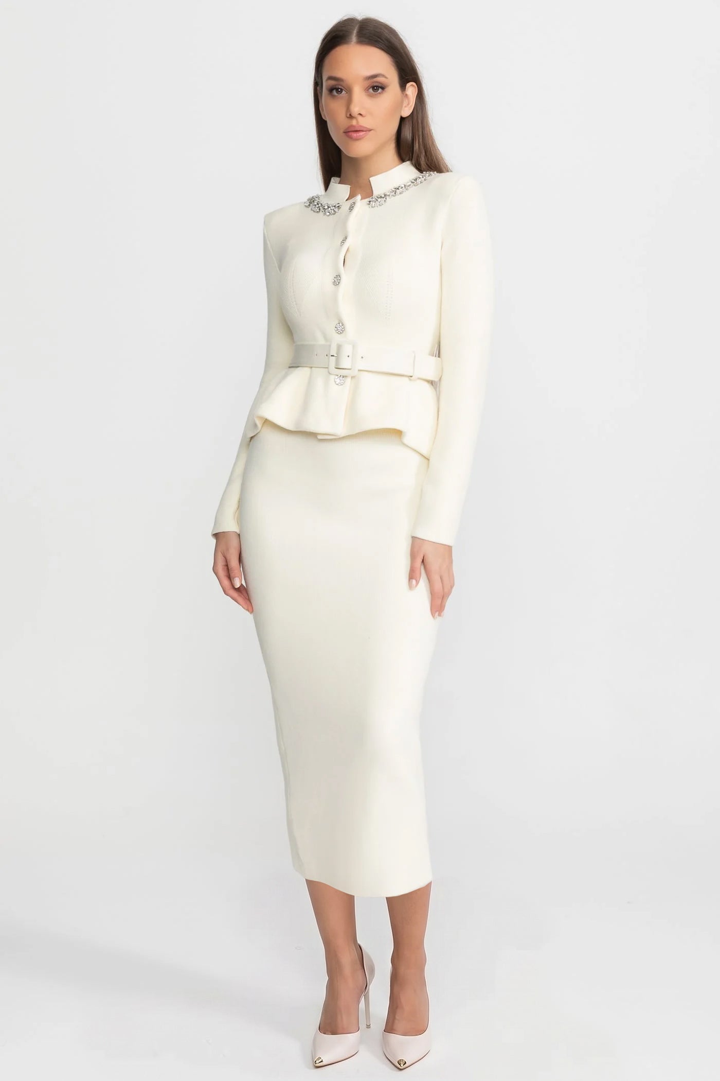 Midi Dress with Peplum Waist and Crystal Collar – Ivoire