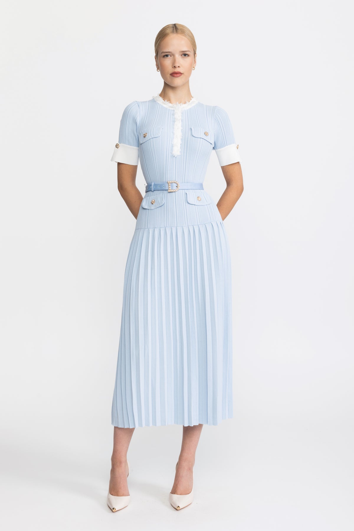 Pleated Knit Ruffle Trim Midi Dress - Light Blue