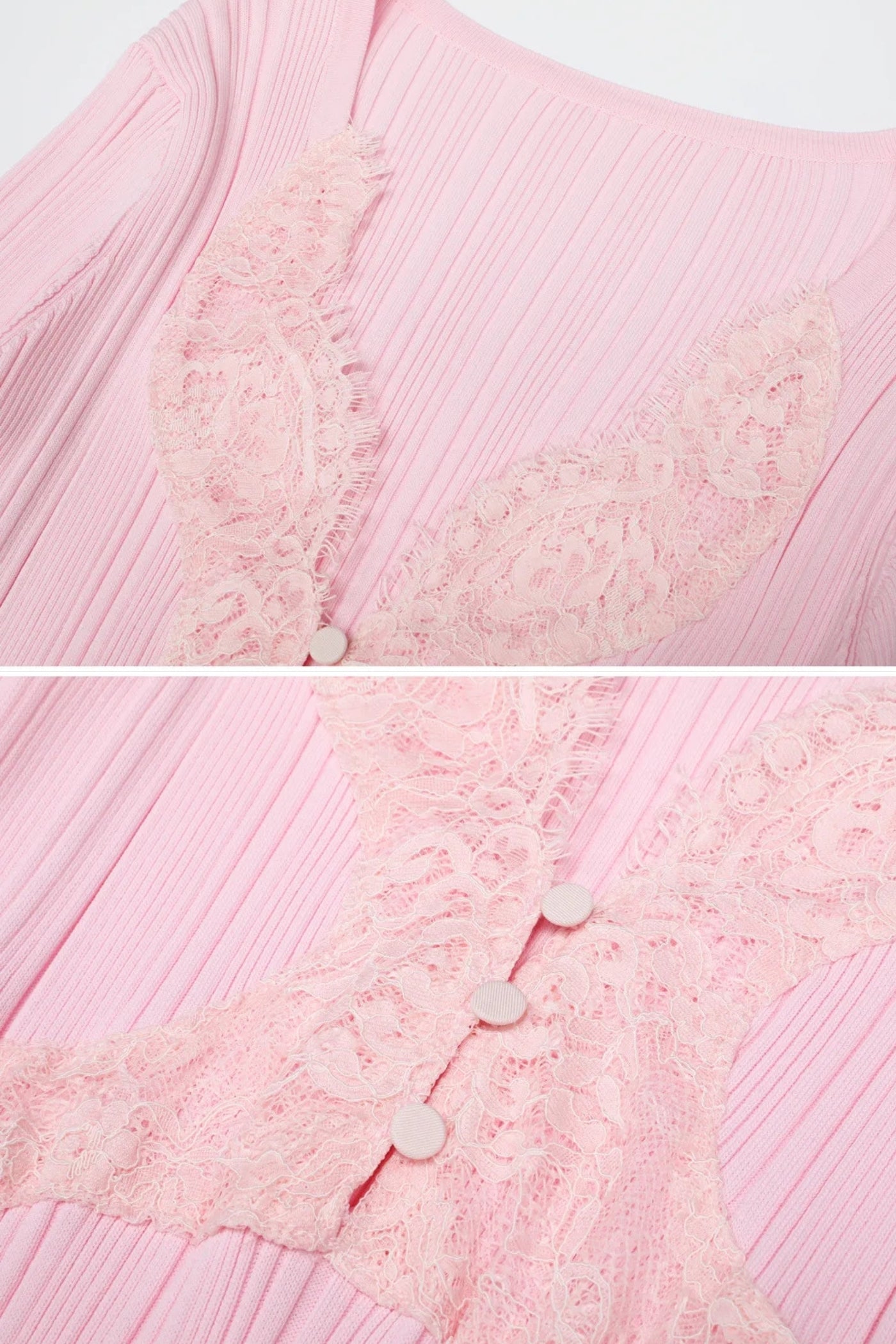 فستان ميدي بأكمام طويلة مضلعة وياقة على شكل V مزينة بالدانتيل - Baby Pink 