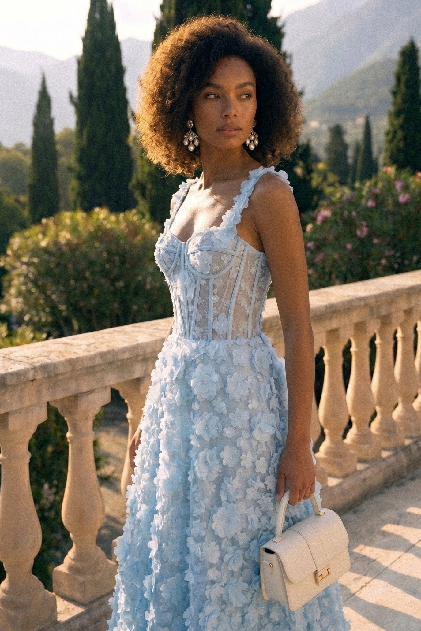 Floral Appliqué Maxi Dress With Corset Bodice - Blue
