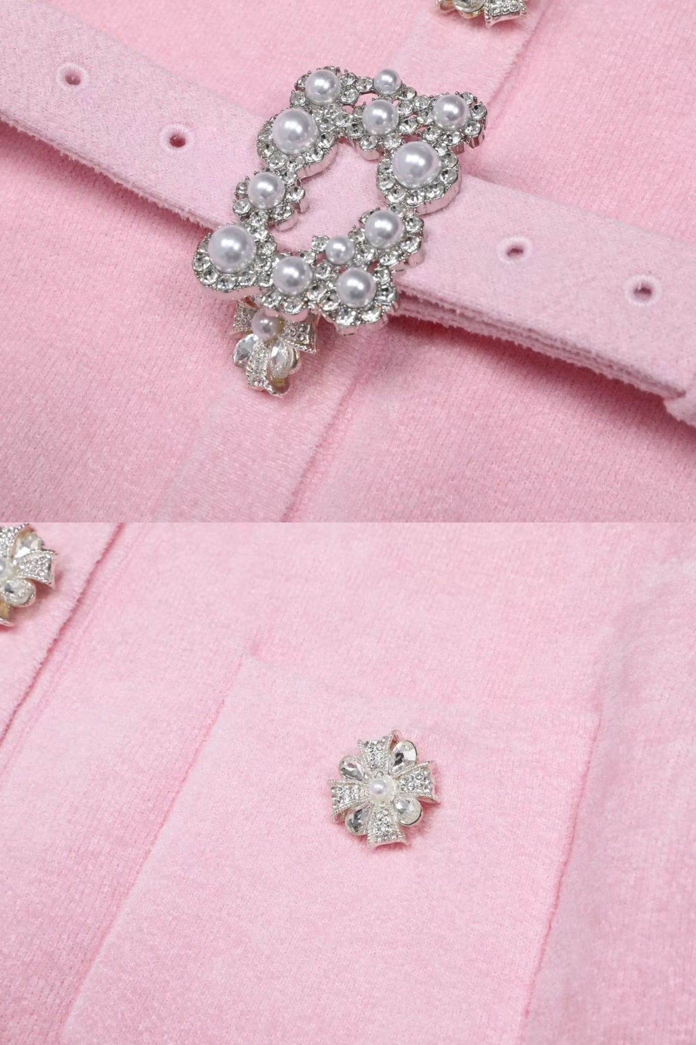 طقم بأكمام طويلة مع جسد محبوك مُفصل وتفاصيل أزرار كريستالية - Blush Pink 