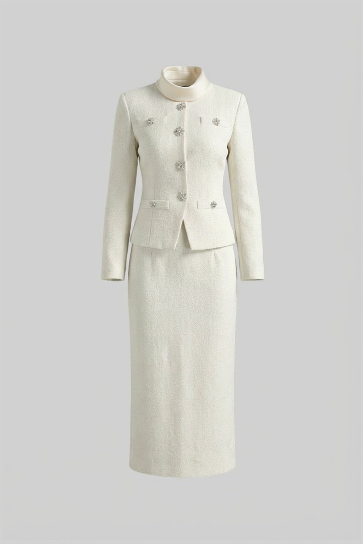 Textured Midi Dress With High Neck Jacket And Crystal Button Detail - White