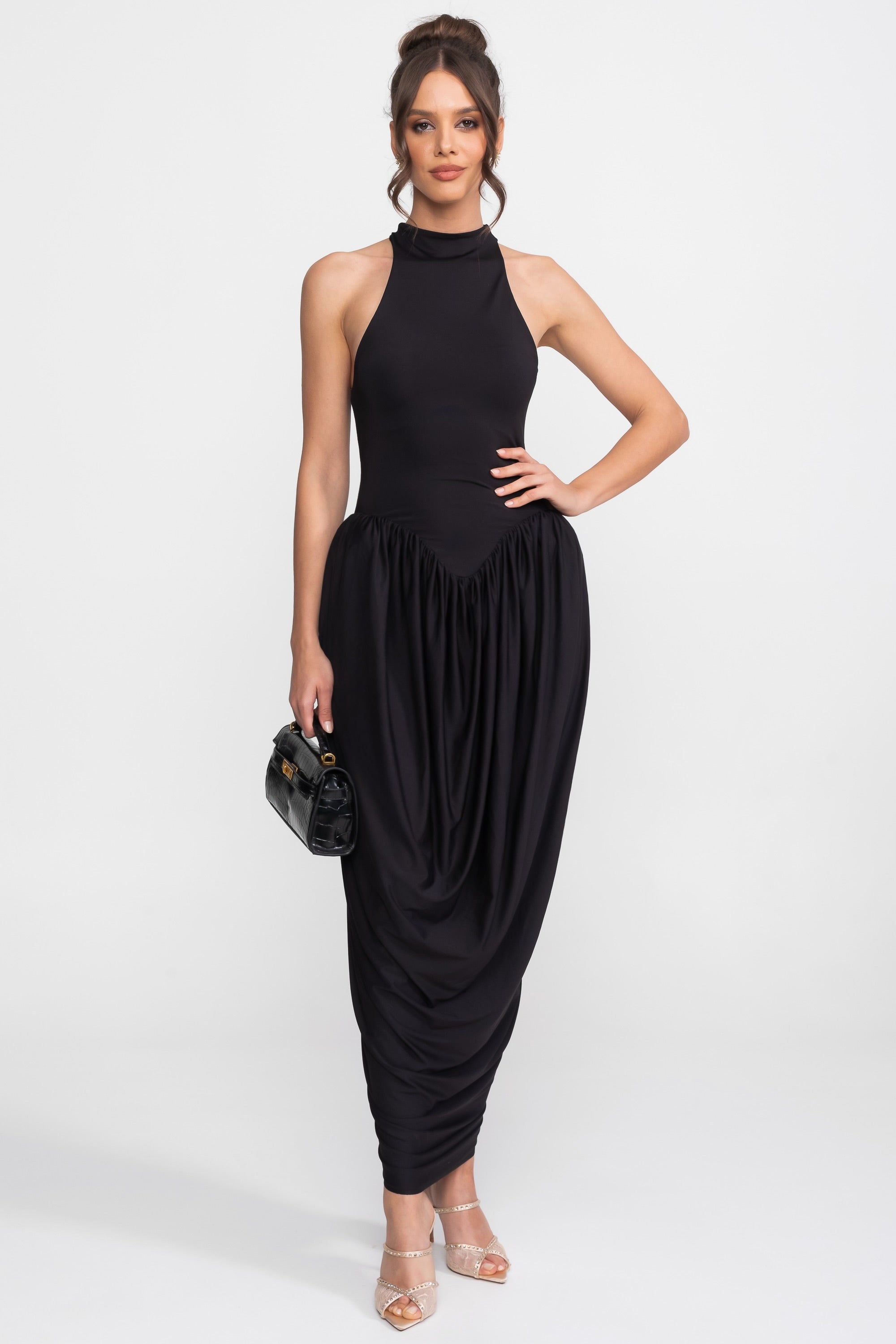 Halter-Neck Maxi Dress With Gathered Balloon Skirt - Black