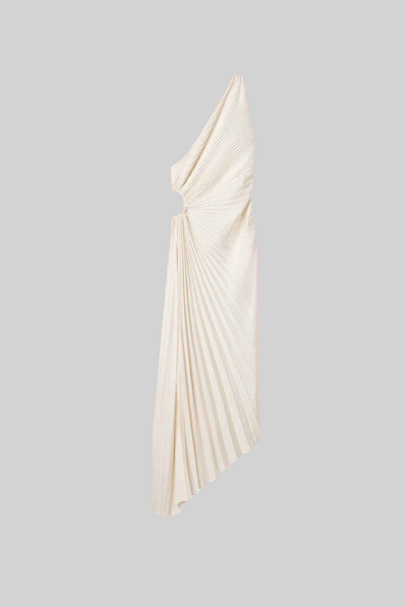 Elegant One Shoulder Dress With Ruched Texture And Circular Side Cut-Out - Ivoire
