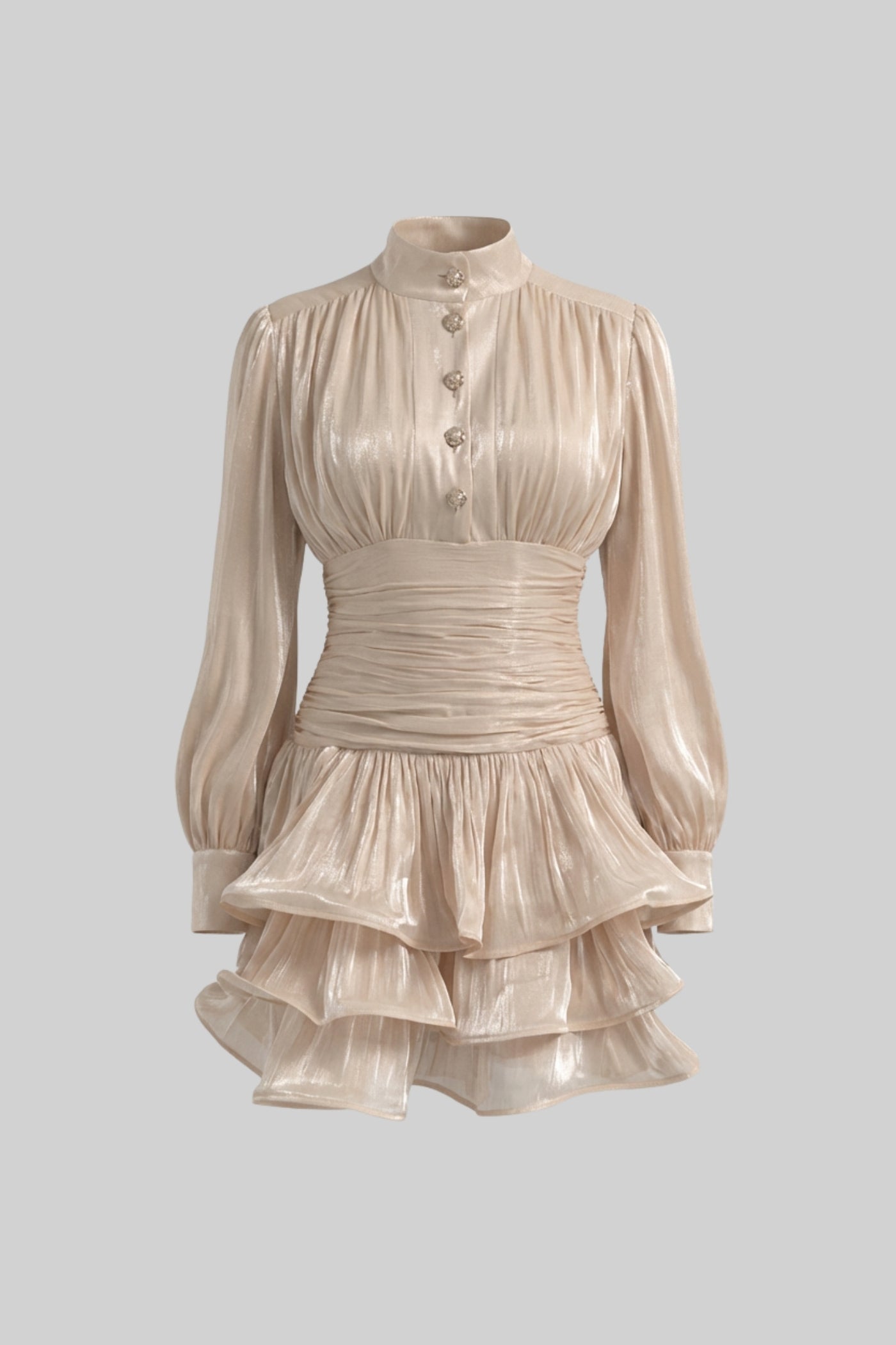 فستان ميني بأكمام طويلة مطرزة وتنورة متعددة الطبقات بكشكشة - شامبانيا 