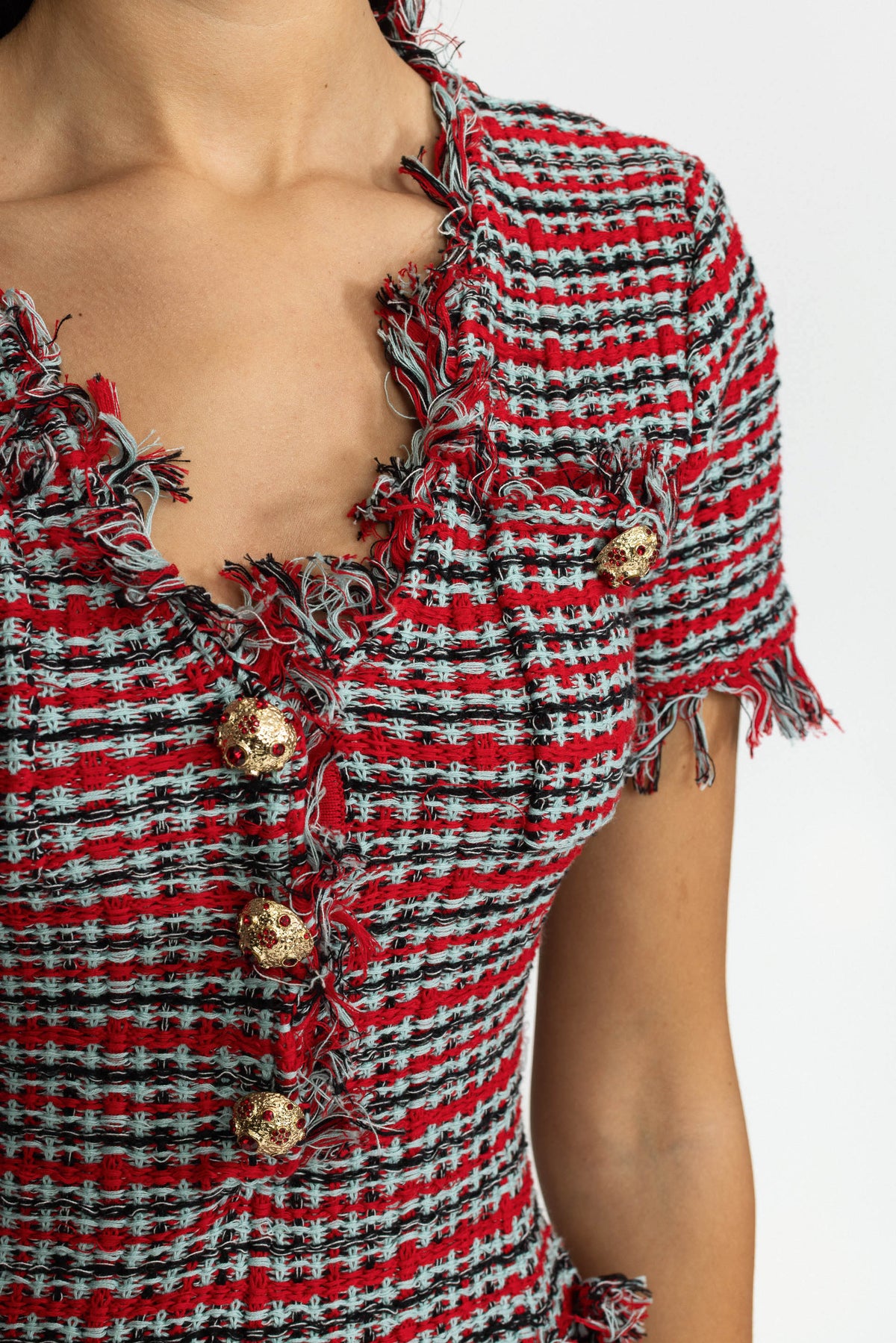Fringed Tweed Knit Mini Dress - Red Multi