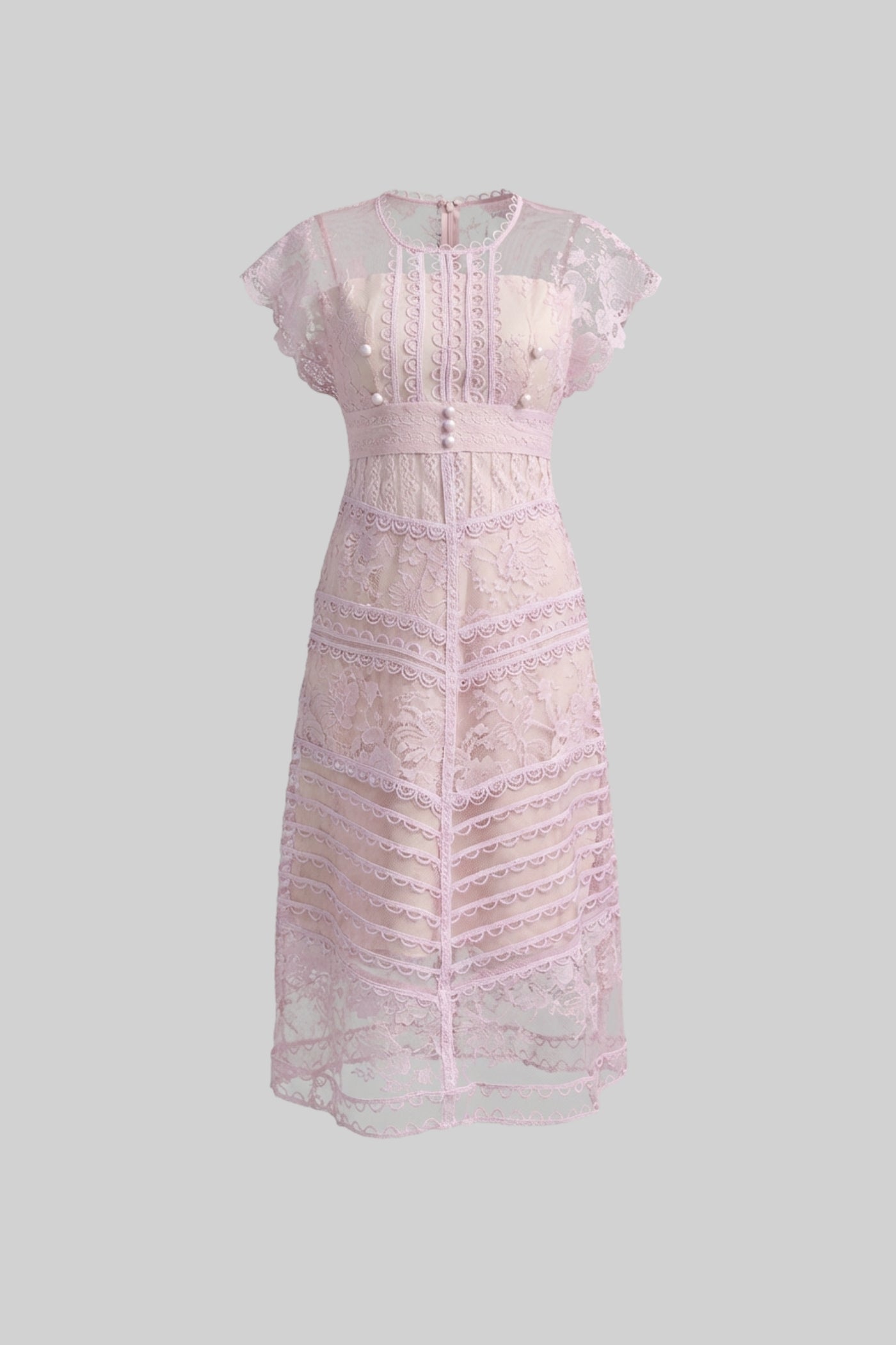 Lace Cap Sleeve Midi Dress With Scalloped Trims And Pearl Button Detail - Lilac
