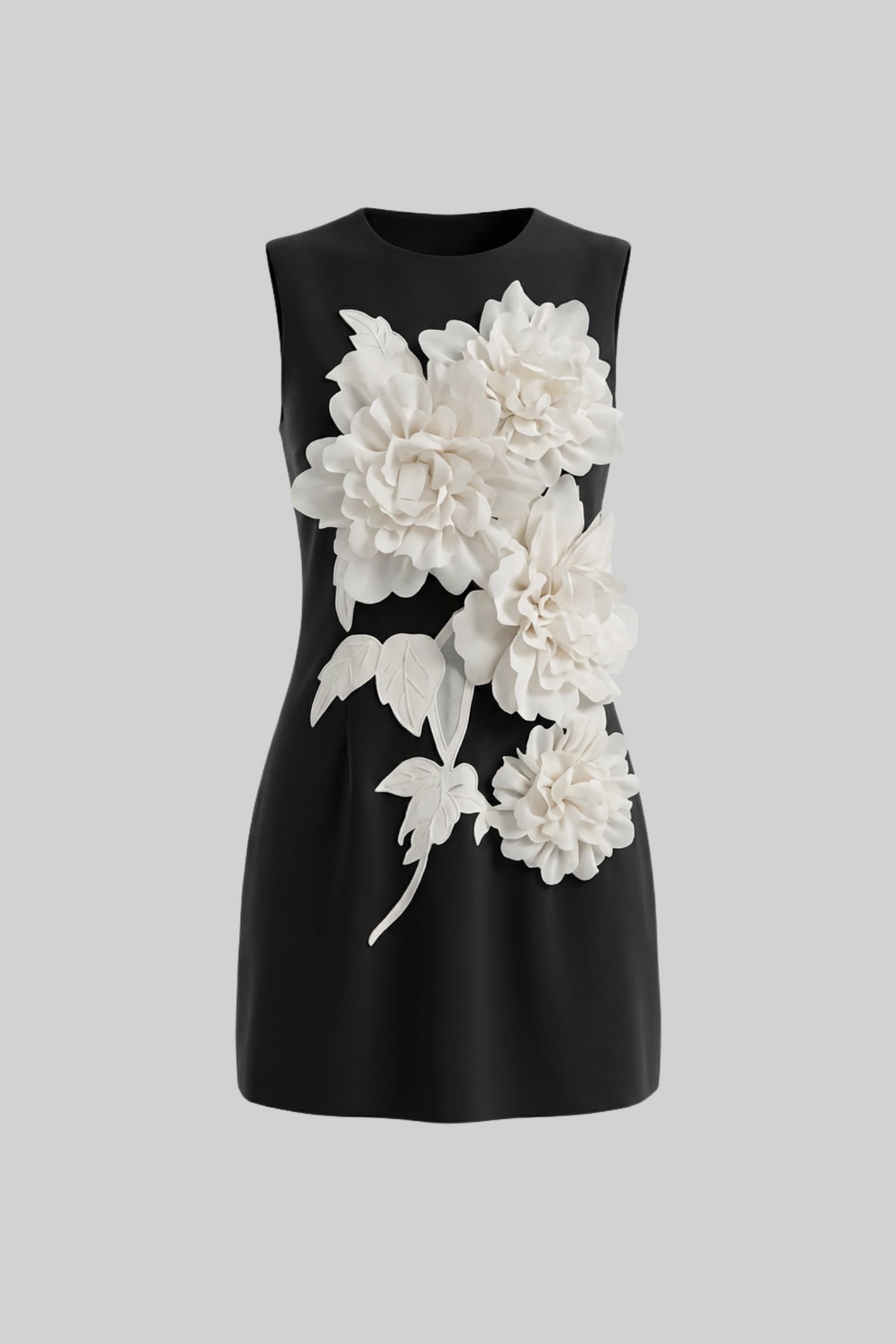 Sleeveless Mini Dress With Round Neckline And 3D Floral Appliqué - Black
