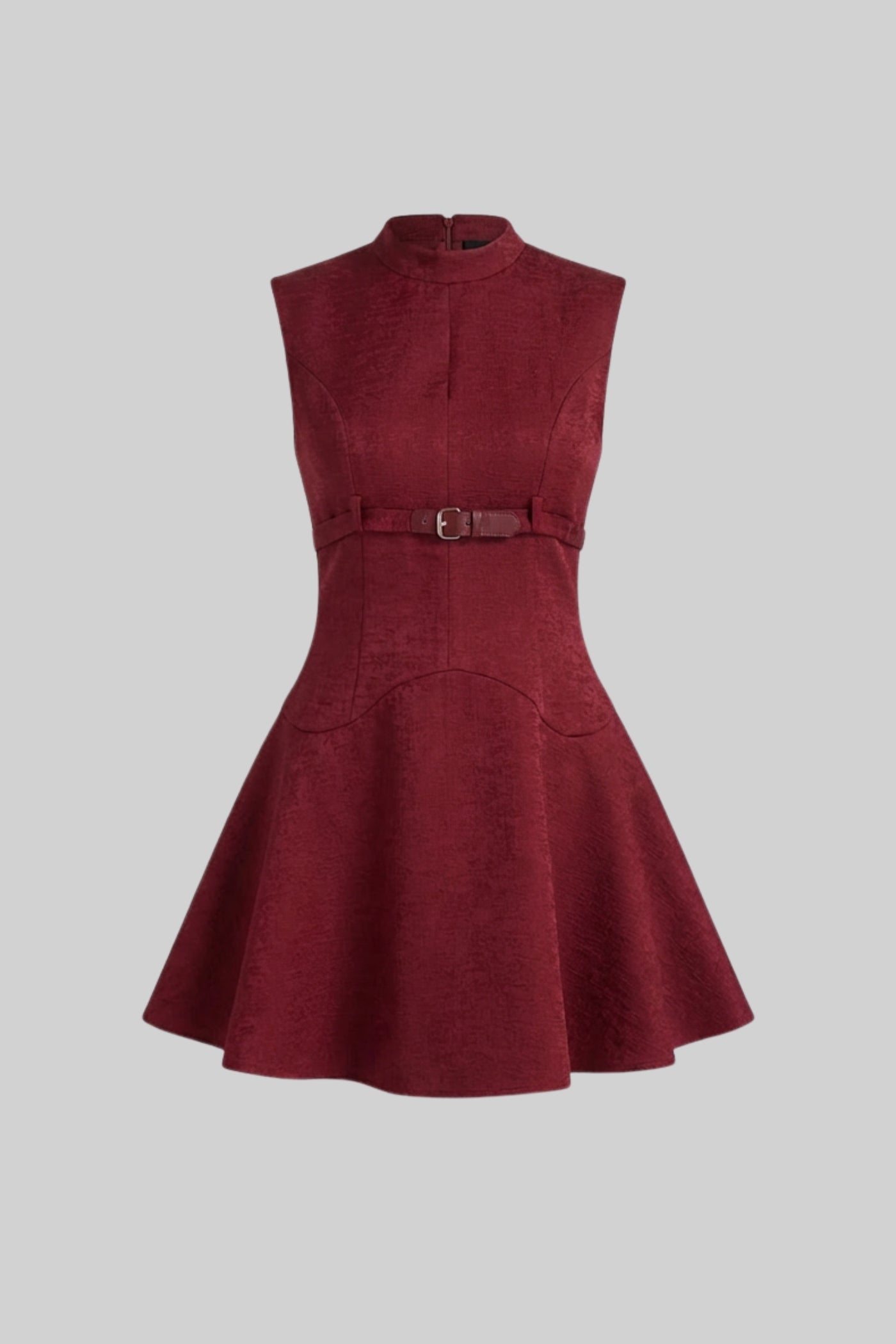 Sleeveless Mini Dress With High Neckline And Buckled Belted Waist - Burgundy