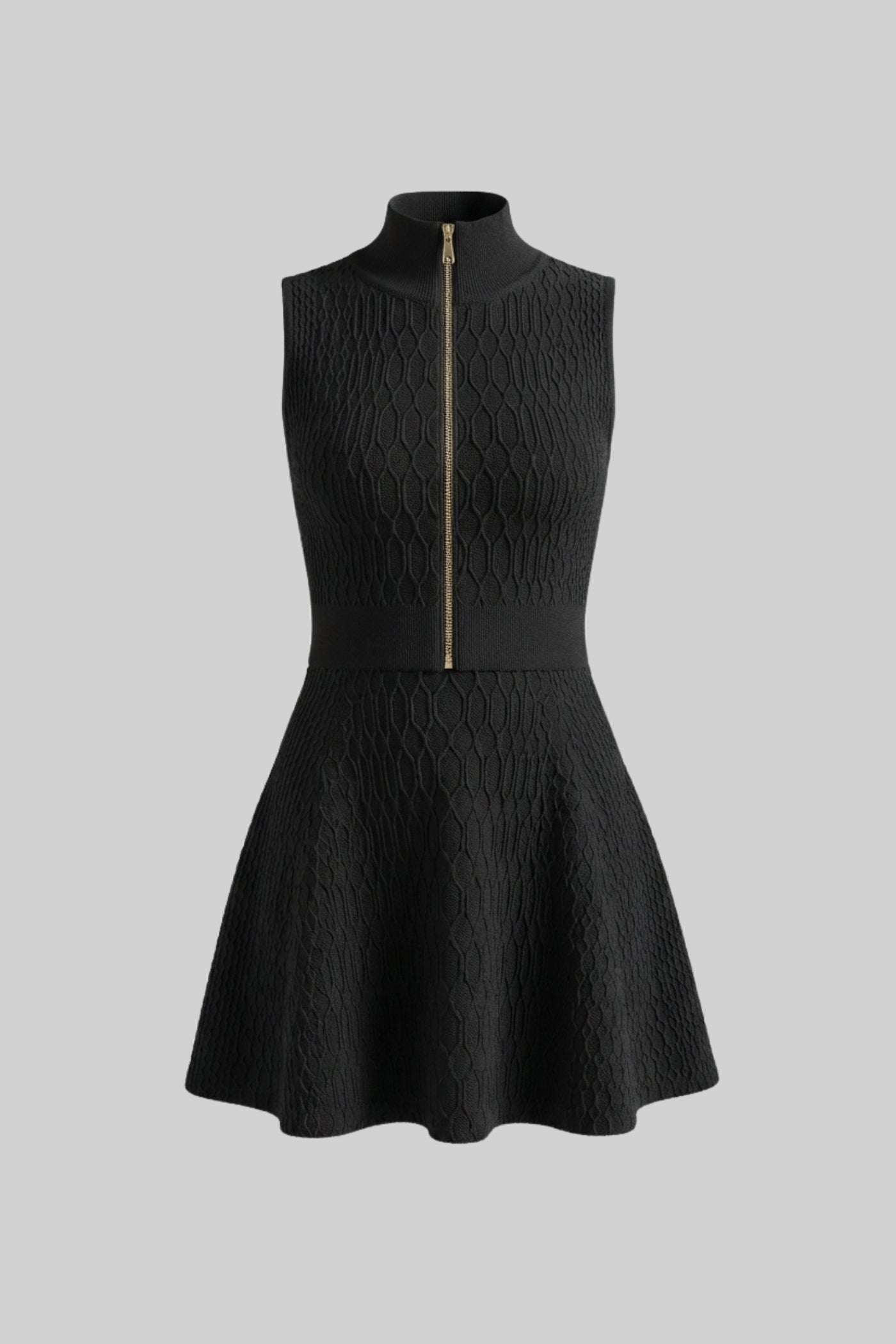 طقم منسوج بتصميم منسق مع توب بدون أكمام برقبة عالية وتنورة ميني مطابقة - أسود 