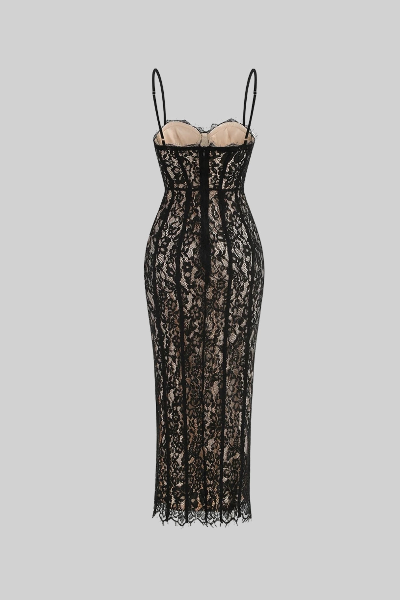 Lace Midi Dress With Sheer Corset Bodice - Black