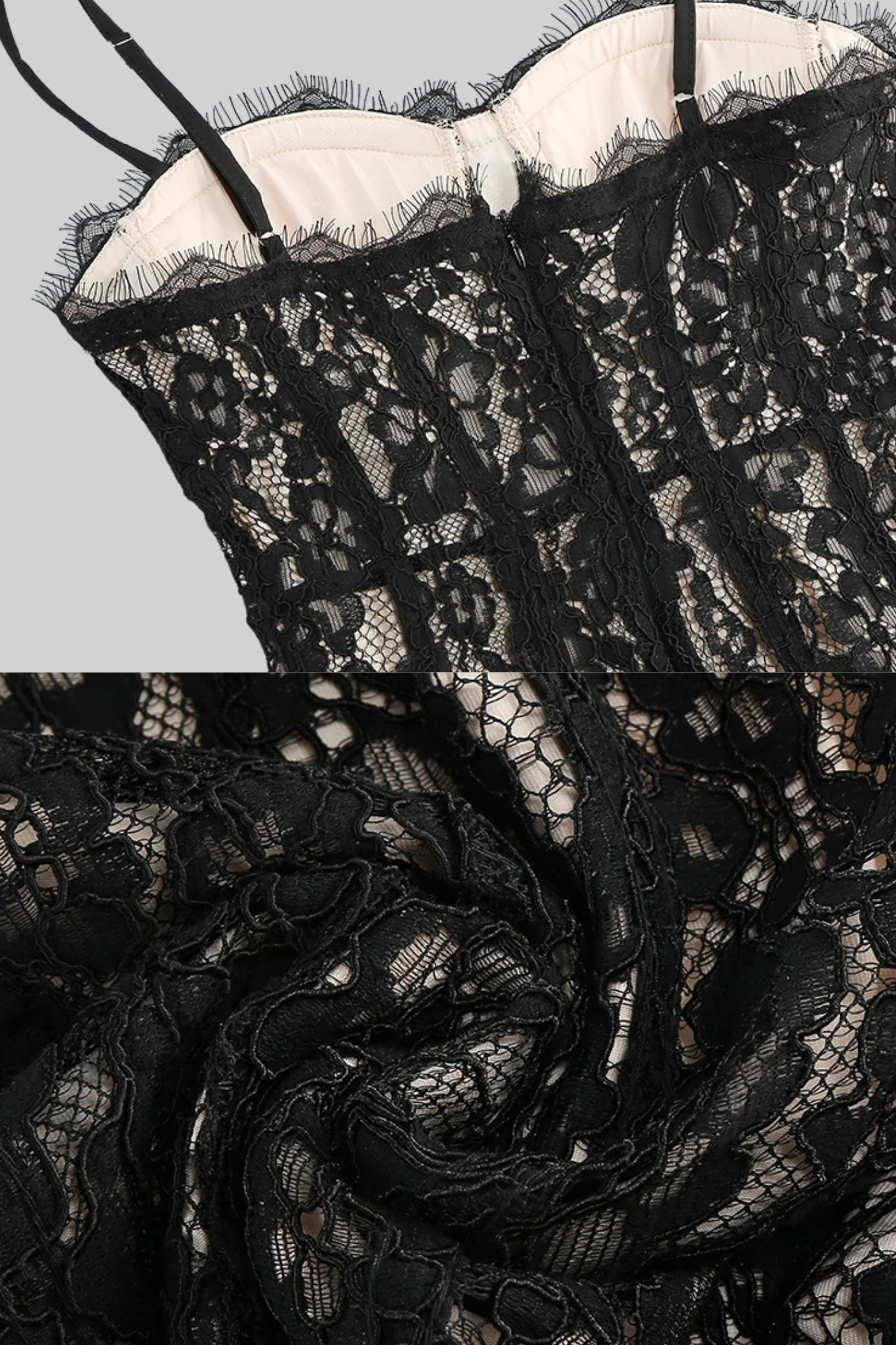 Lace Midi Dress With Sheer Corset Bodice - Black