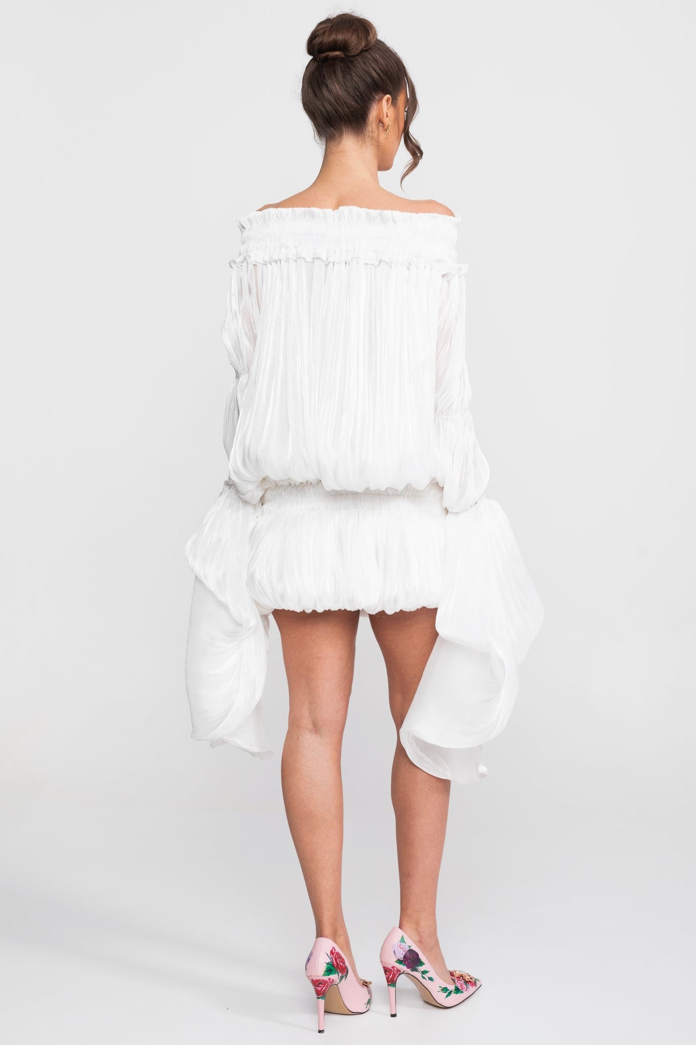 Off-Shoulder Ruffle Mini Dress With Draped Sleeves - White