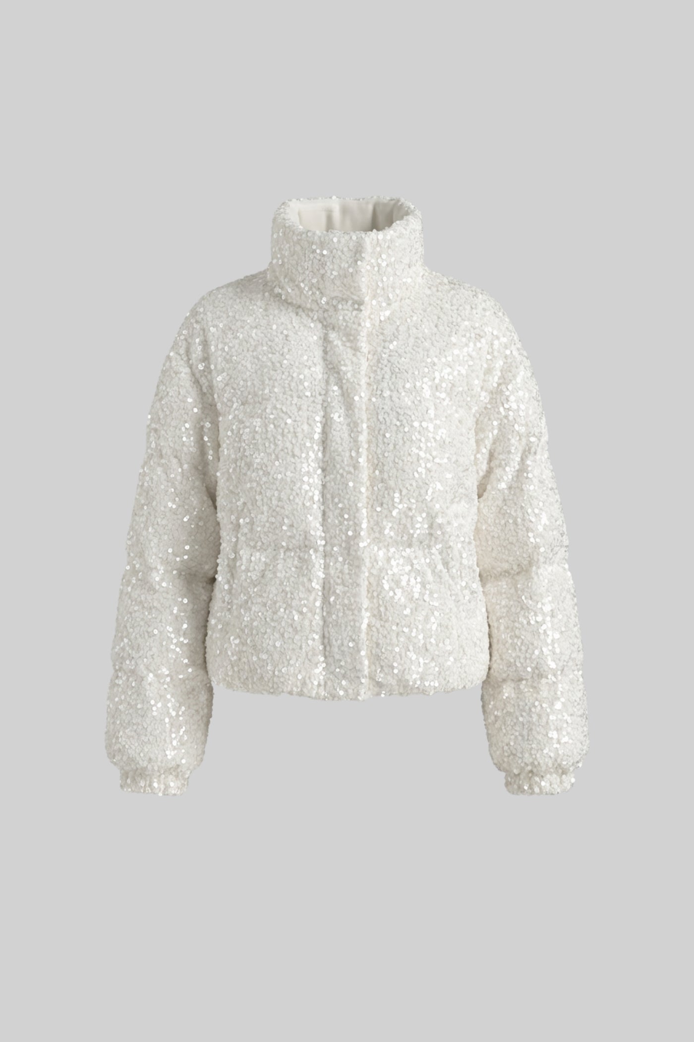 Sequin Puffer Jacket With High Stand Collar – White