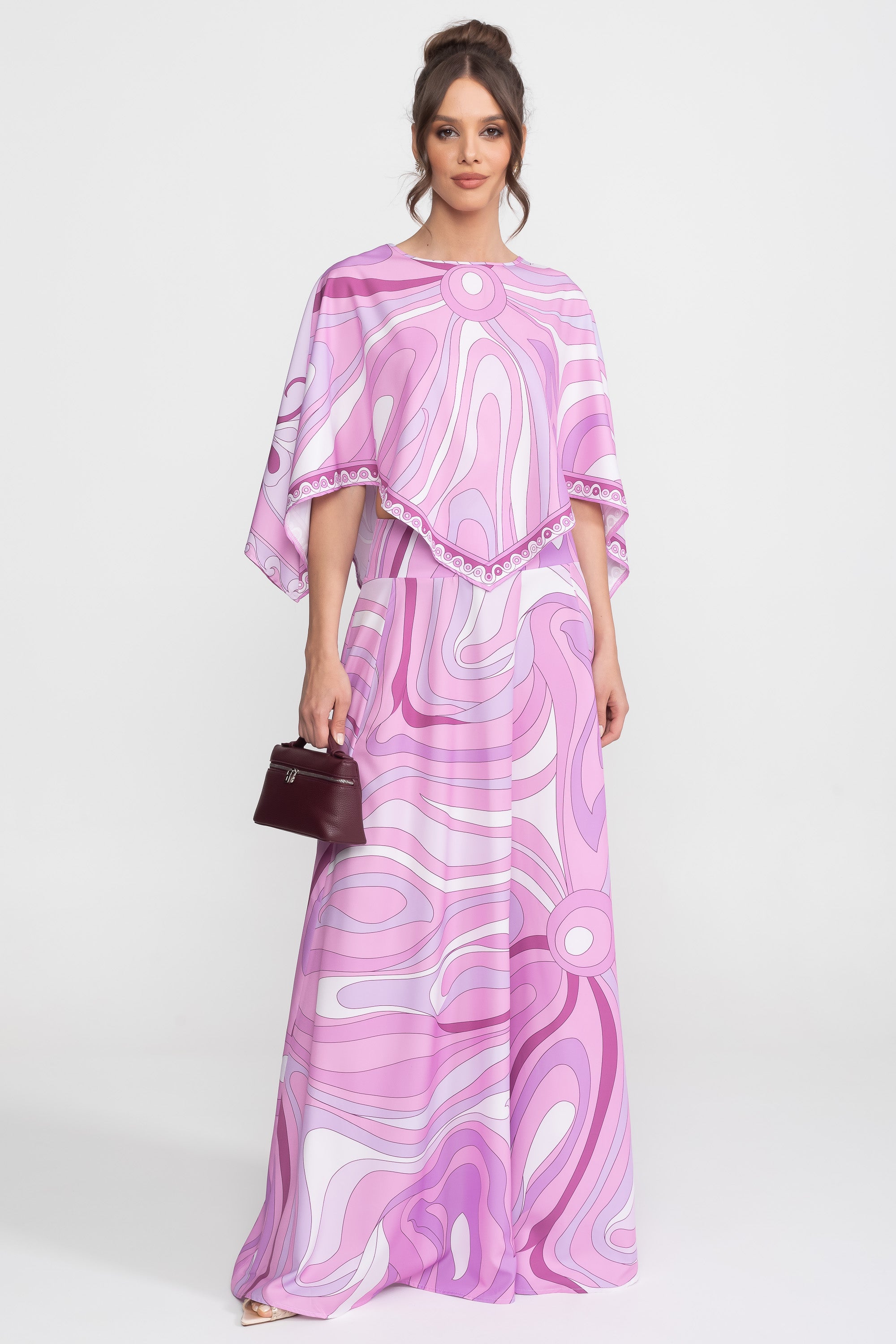 Printed Cape Top And Maxi Skirt Co-Ord Set - Pink