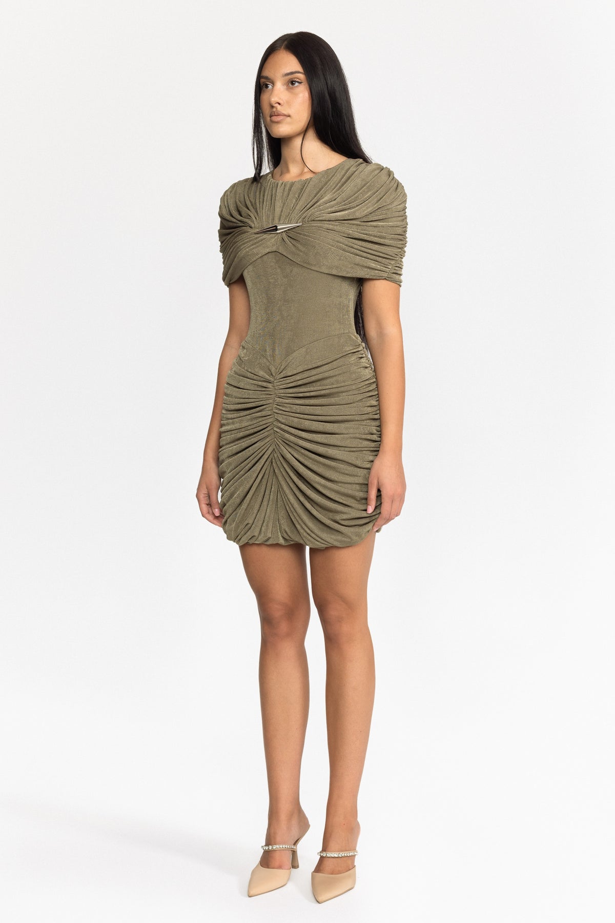 Draped Cape Ruched Mini Dress - Olive