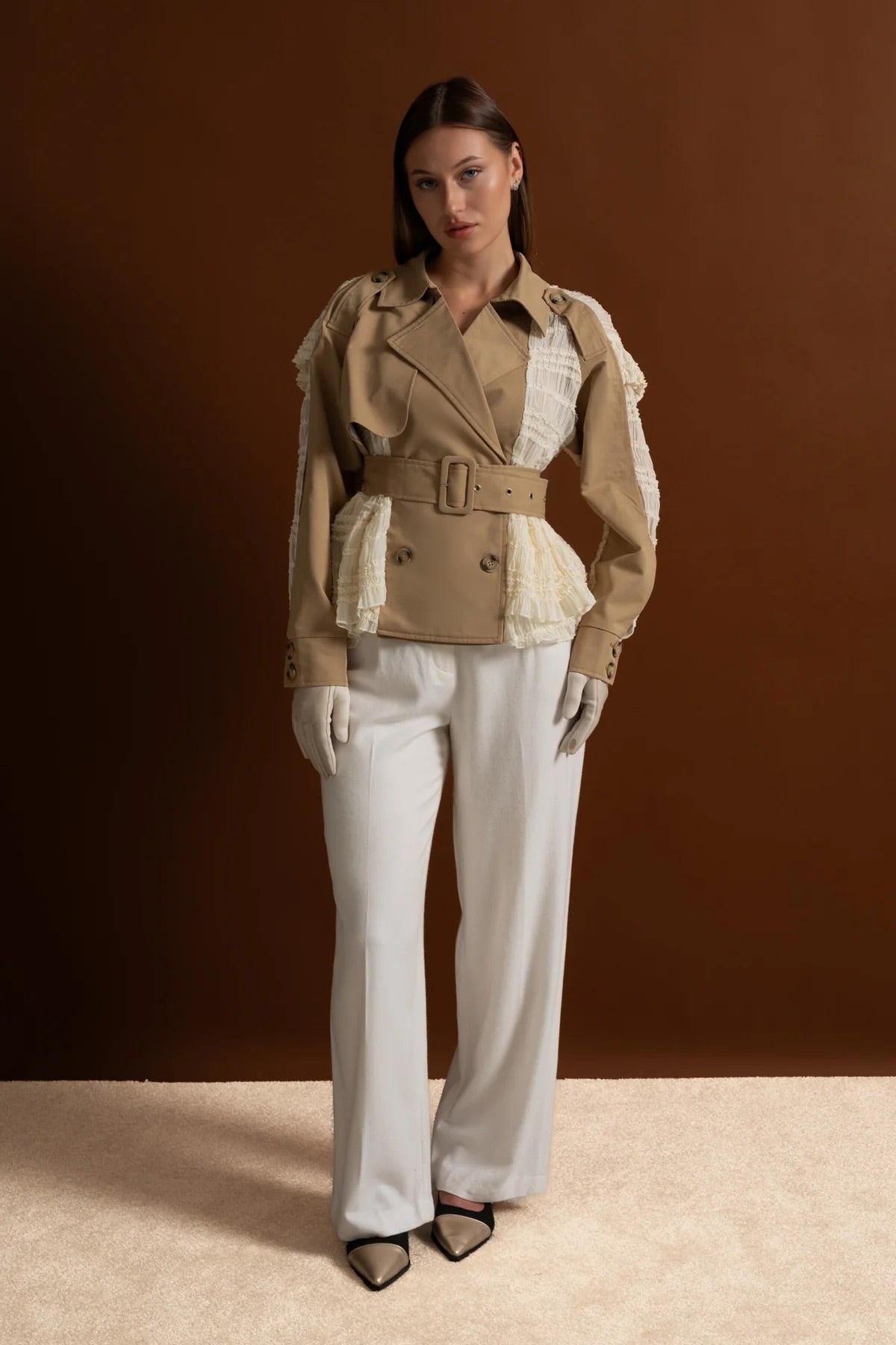 Lace Panel Trench Jacket With Belt – Beige