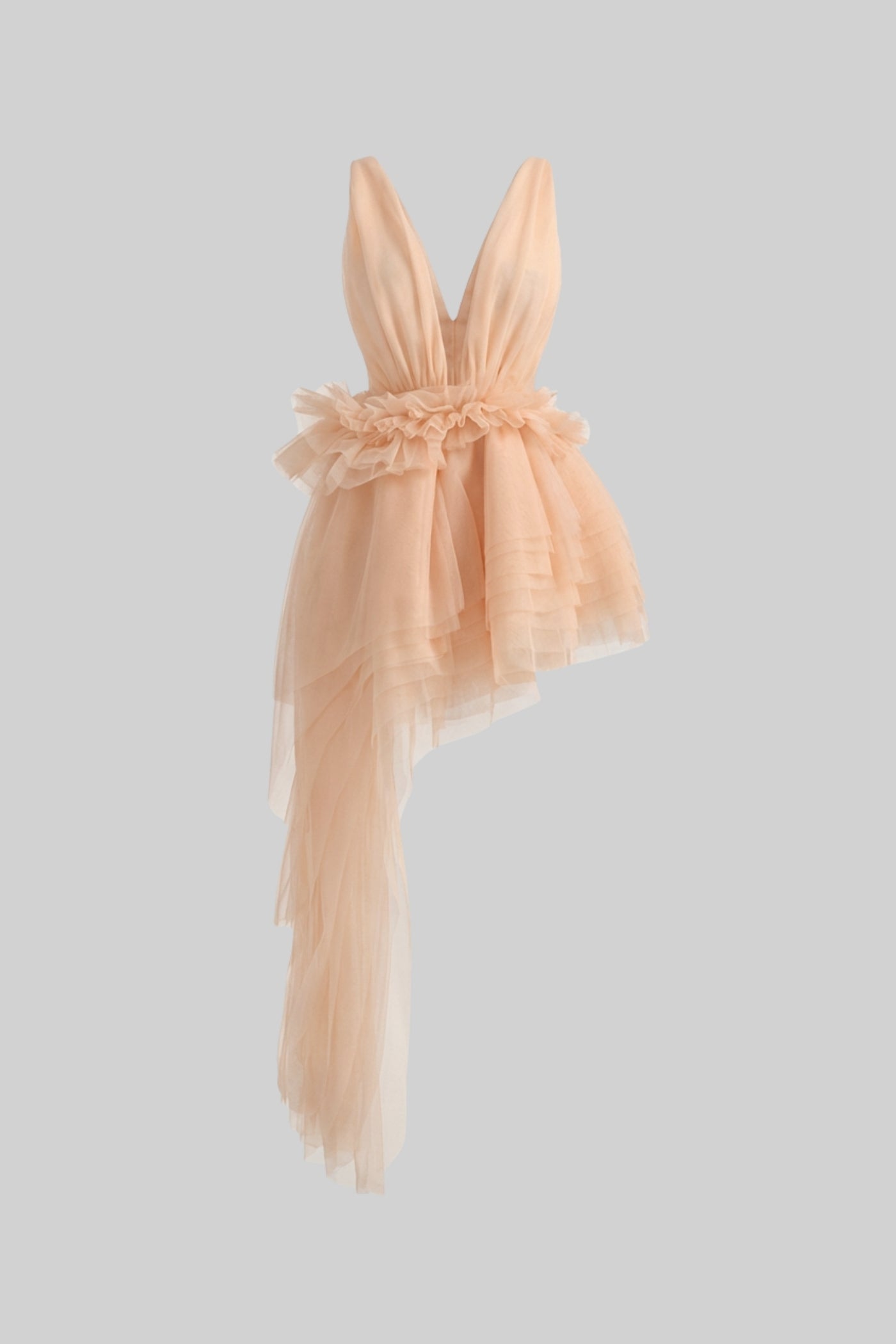 Plunging Sleeveless Mini Dress With Asymmetric Tulle Train - Champagne