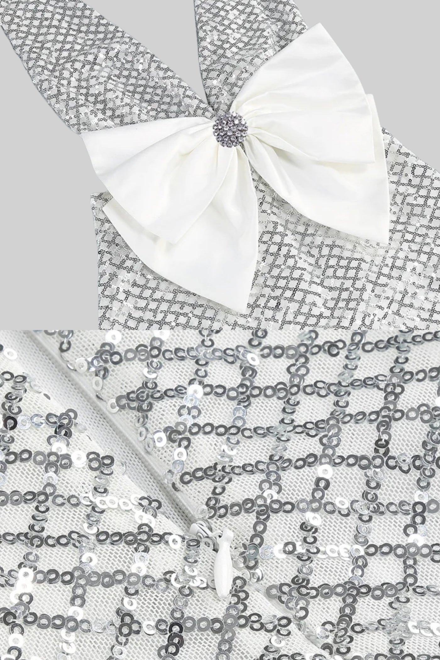 Sequin Maxi Dress With Satin Bow Detail - Light Grey