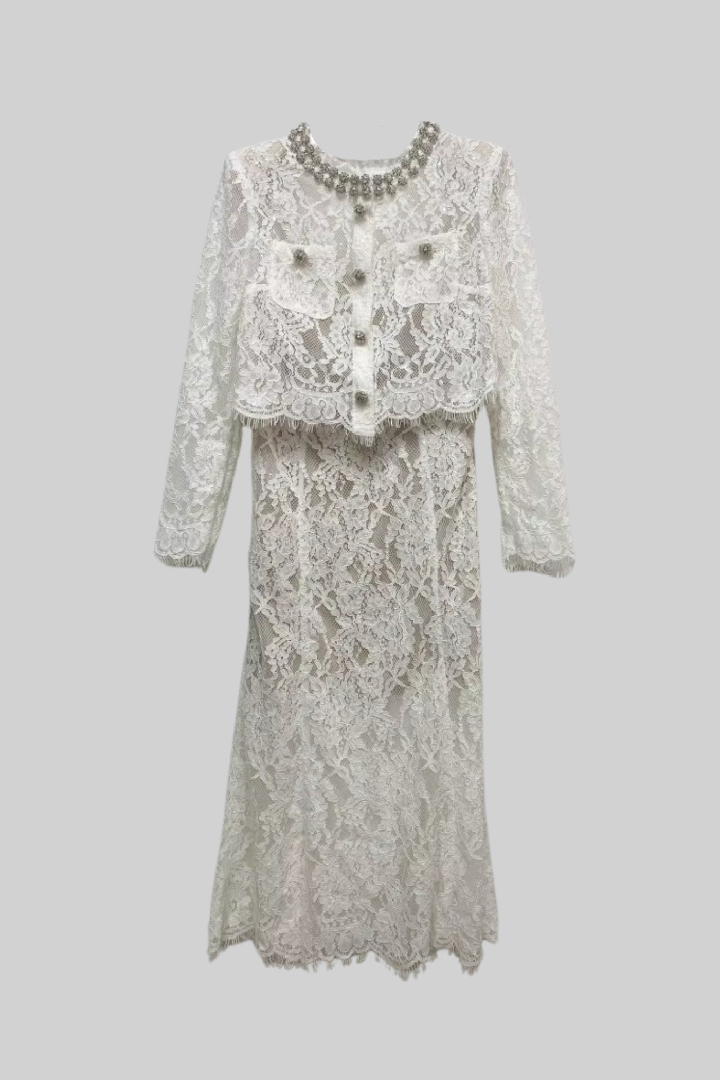 Lace Co-Ord With Sparkling Neckline Embellishments And Midi Skirt - White