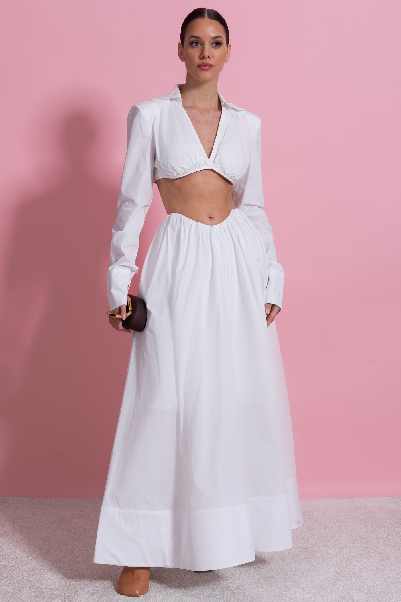 طقم منسق بأكمام طويلة مع توب قصير تحت الصدر - أبيض 