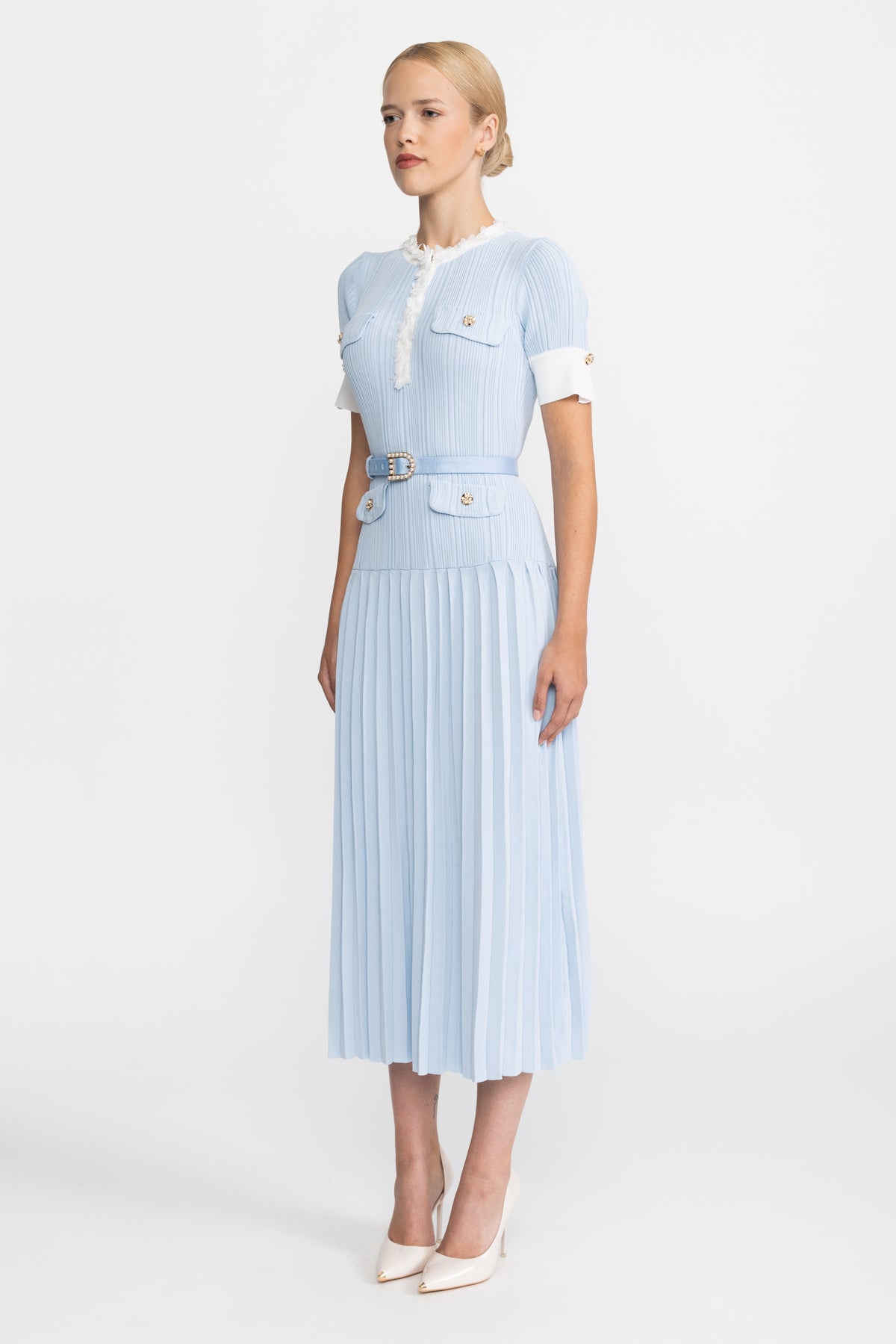 Pleated Knit Ruffle Trim Midi Dress - Light Blue