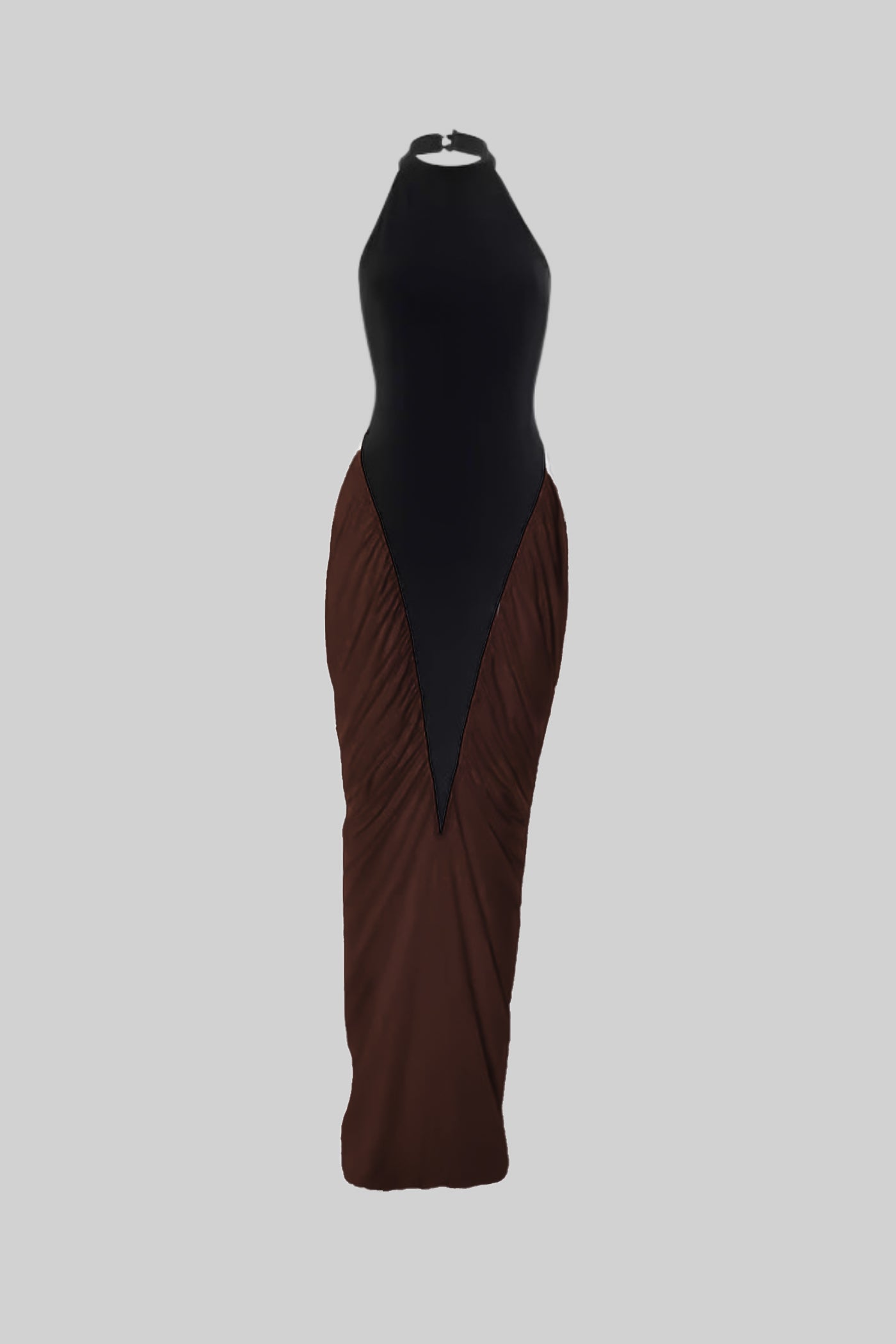 Halter Maxi Dress with  Contrasting Ruched Paneling - Black/Brown