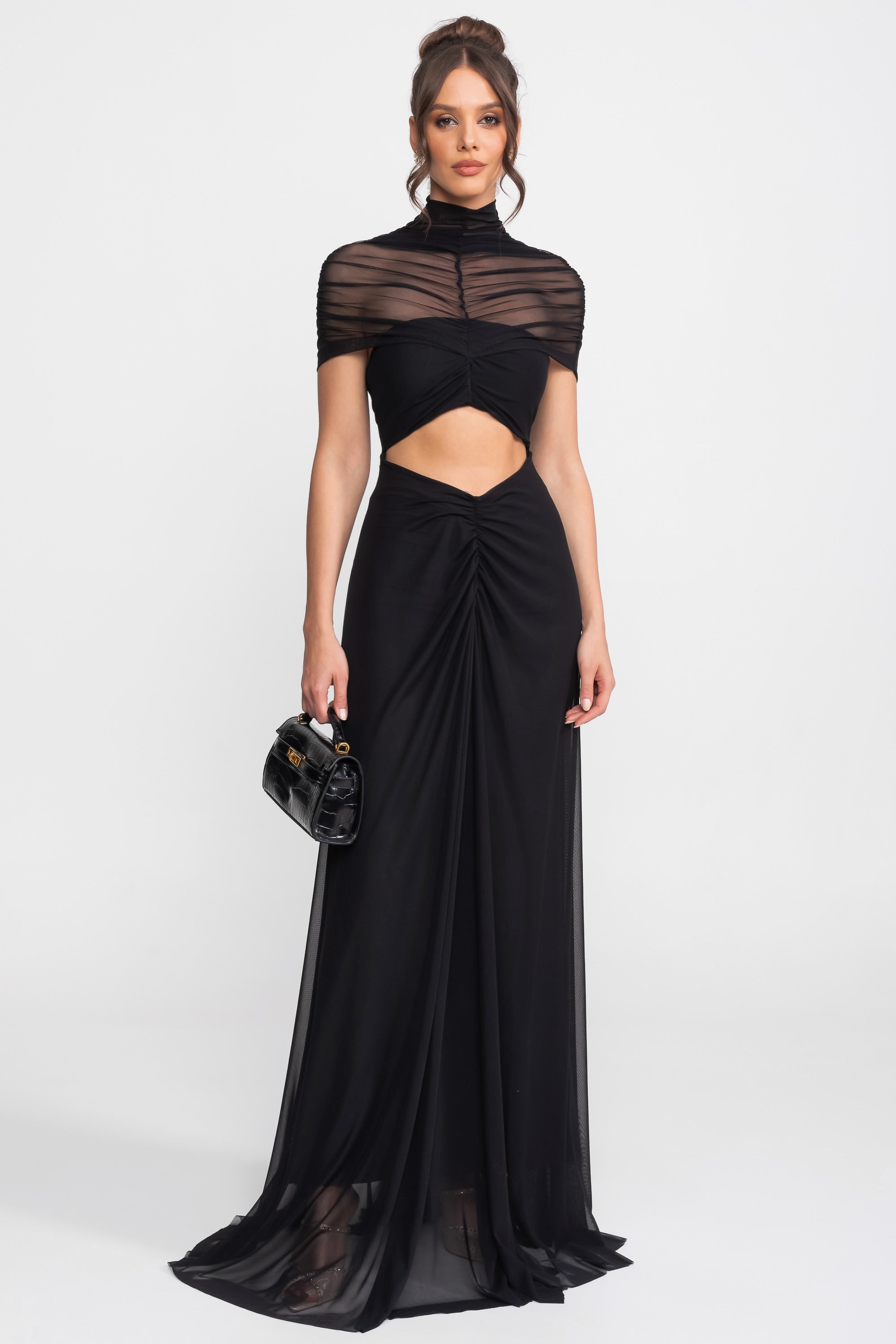 Ruched Off-The-Shoulder Maxi Dress With Cut-Out Waist - Black