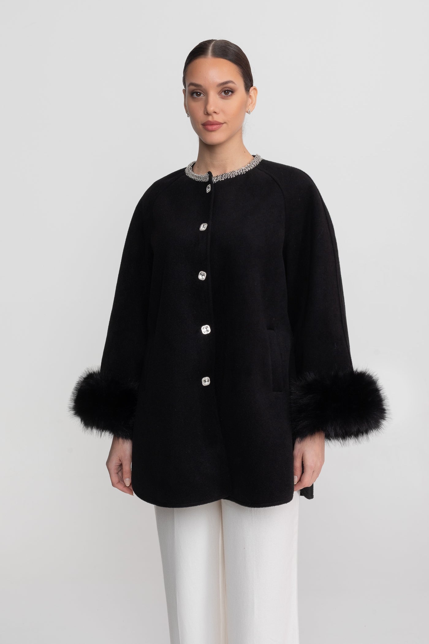 Longline Coat With Pearl Embellished Neckline And Fur Cuffs - Black