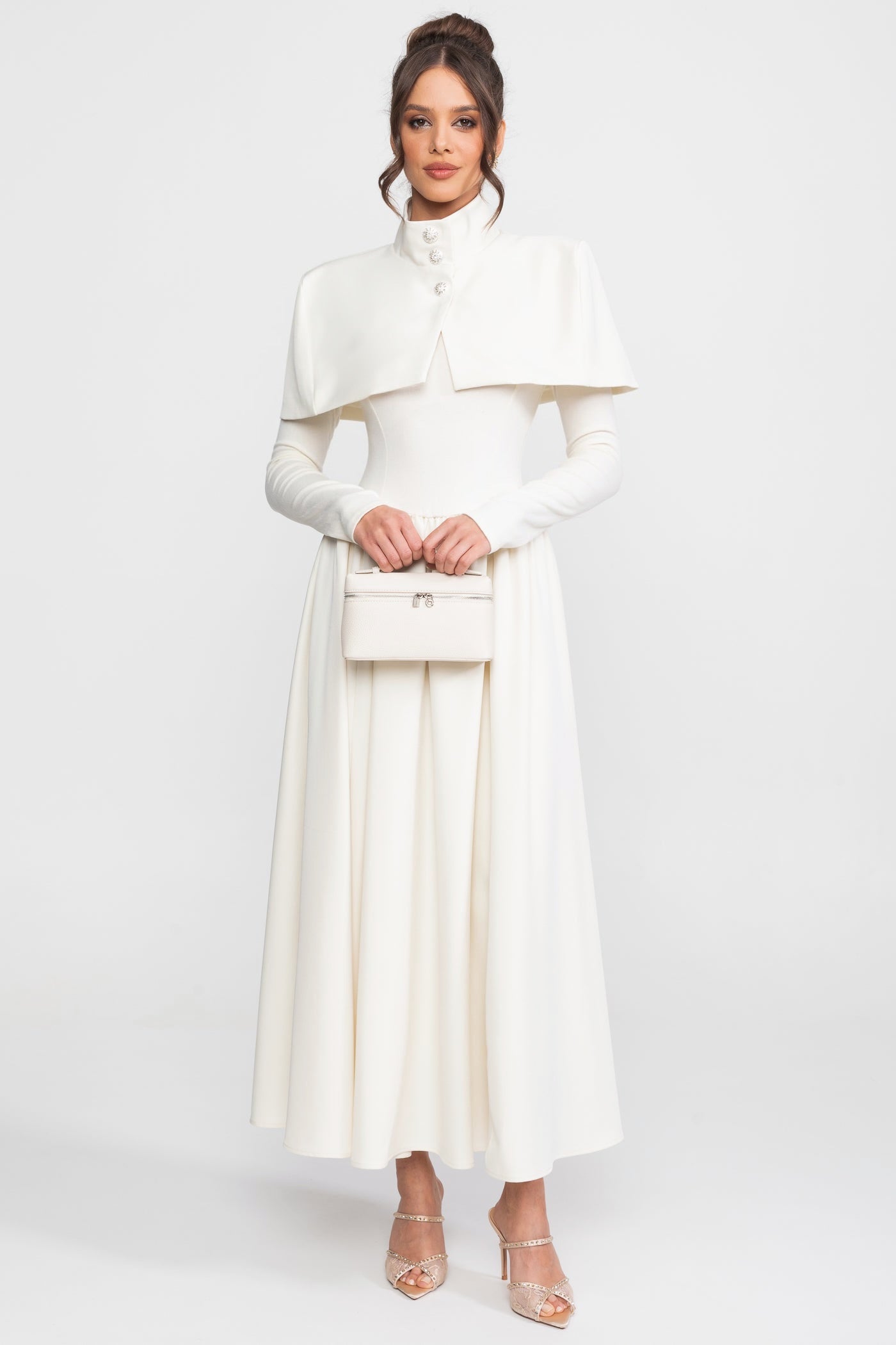 High-Neck Maxi Dress With Attached Capelet And Long Sleeves - White