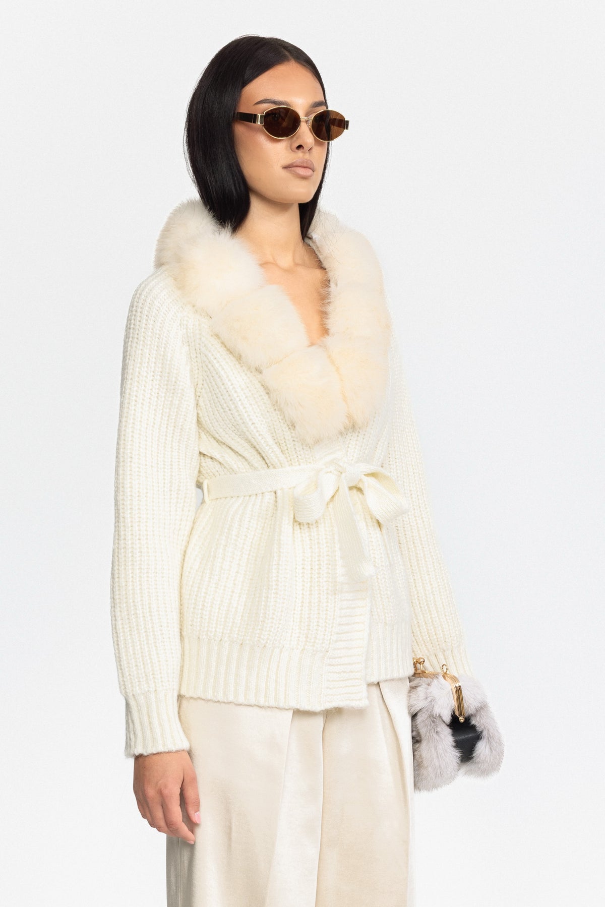 Fox Fur Collar Chunky Knit Belted Cardigan - Off-White