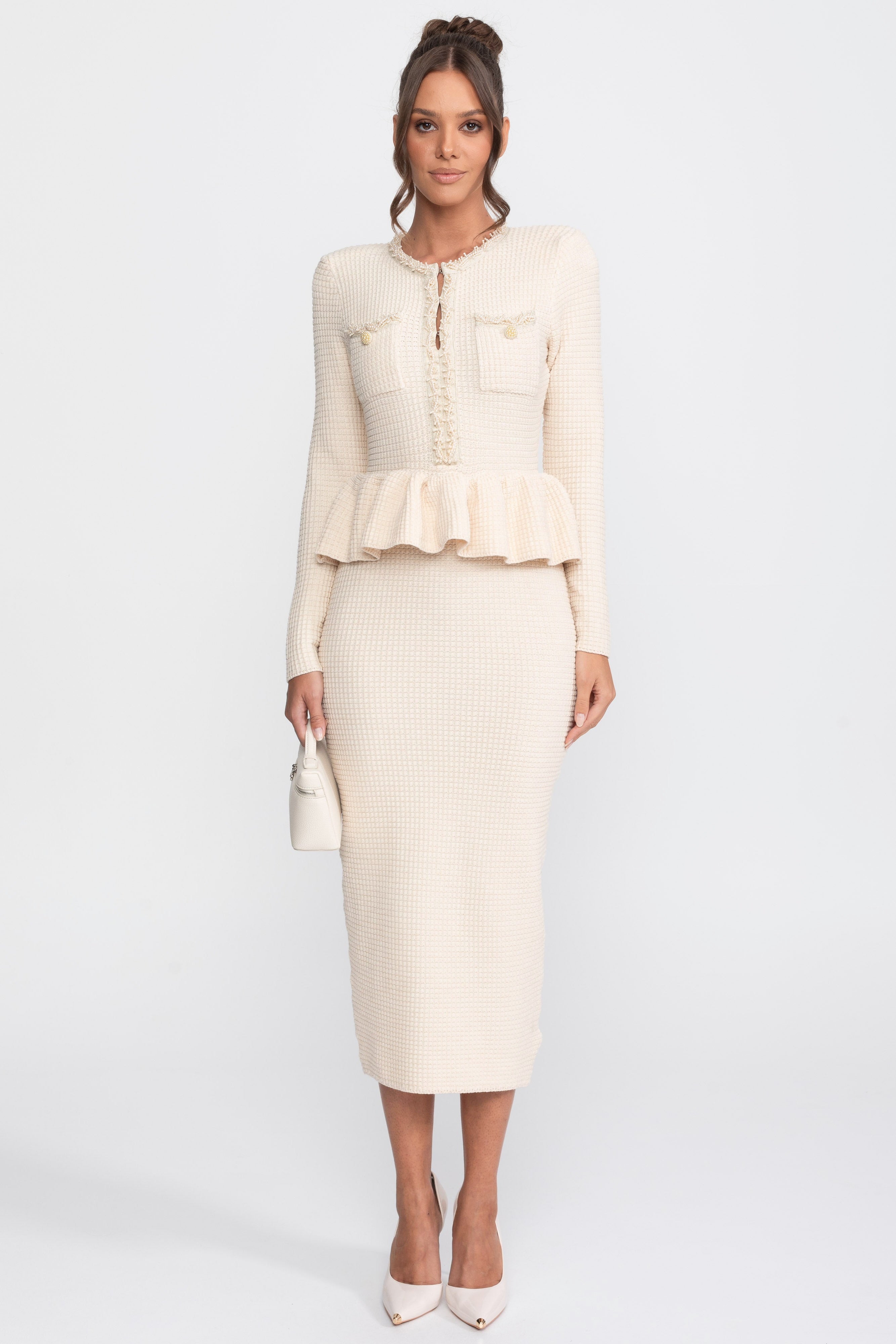 Fringe Trim Knit Peplum Dress With Front Chest Pockets - Beige