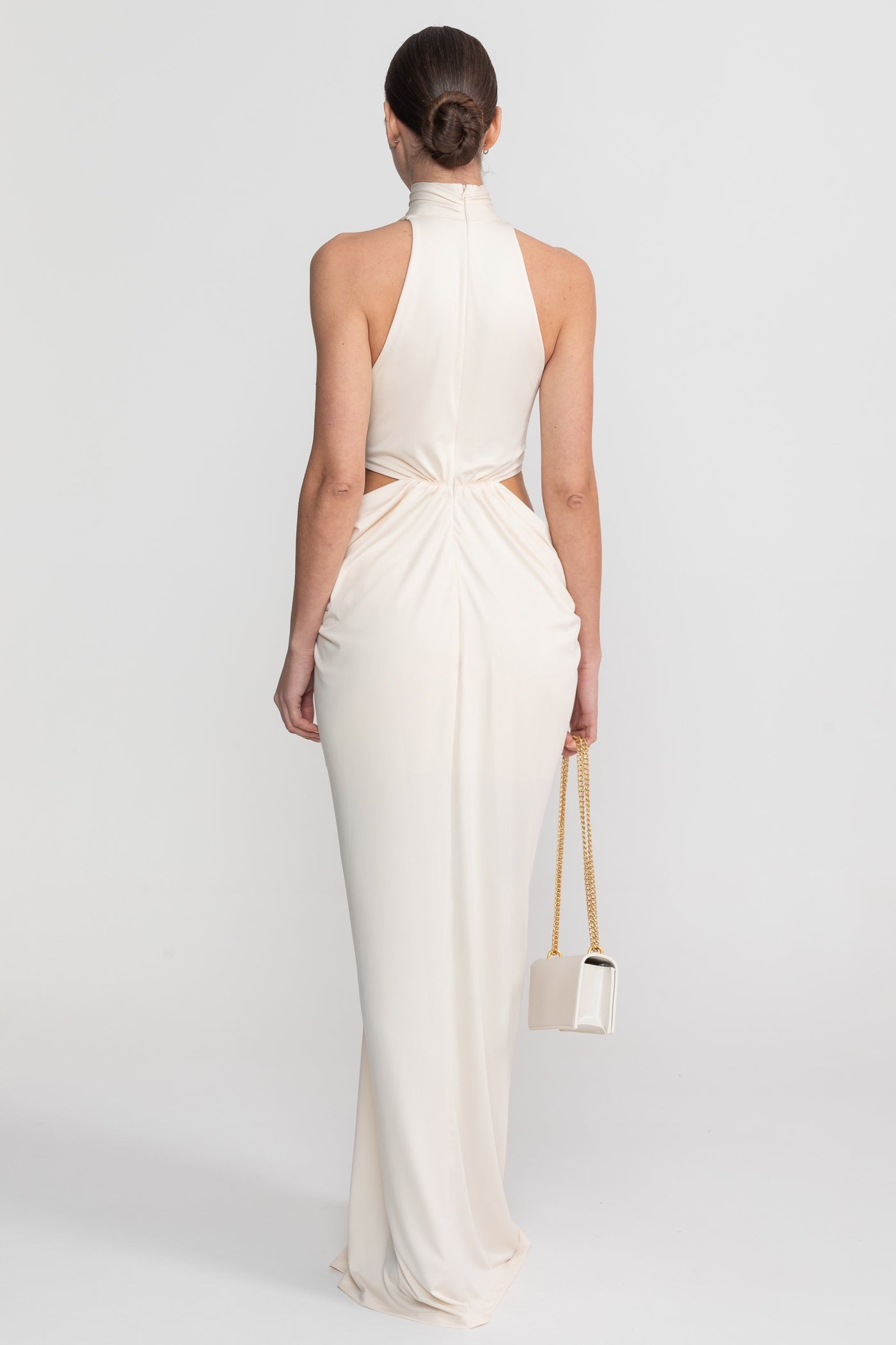 High Neck Halter Maxi Dress With Knotted Cut-Out Waist - Ivoire