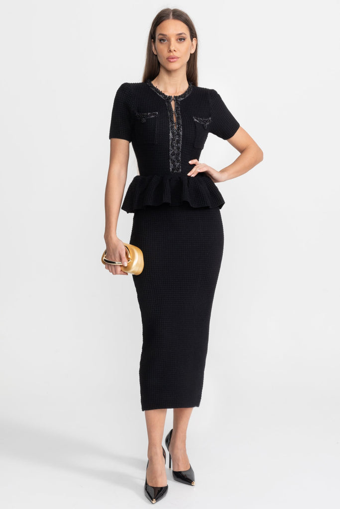 Textured Knit Midi Dress with Peplum Waist Detail – Black