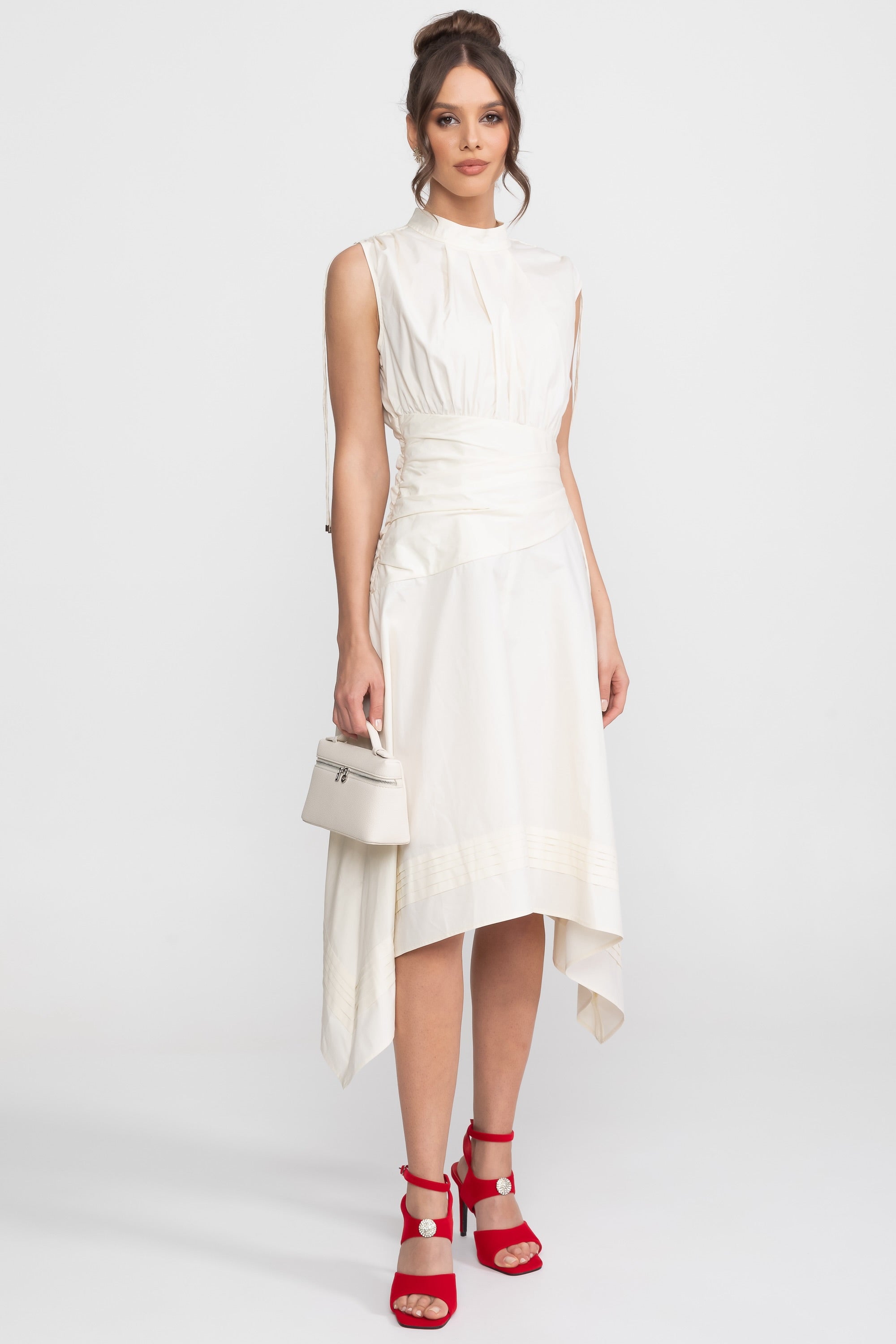 Sleeveless Asymmetric Midi Dress With Ruched Waist And Handkerchief Hem - Ivoire